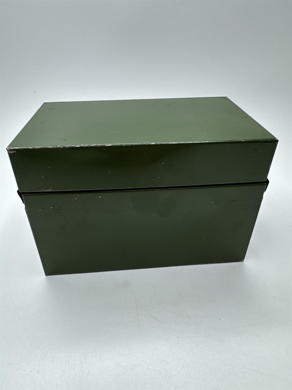 Vintage Army Green Olive Green Metal Recipe Box Trinket Jewelry Container Tin