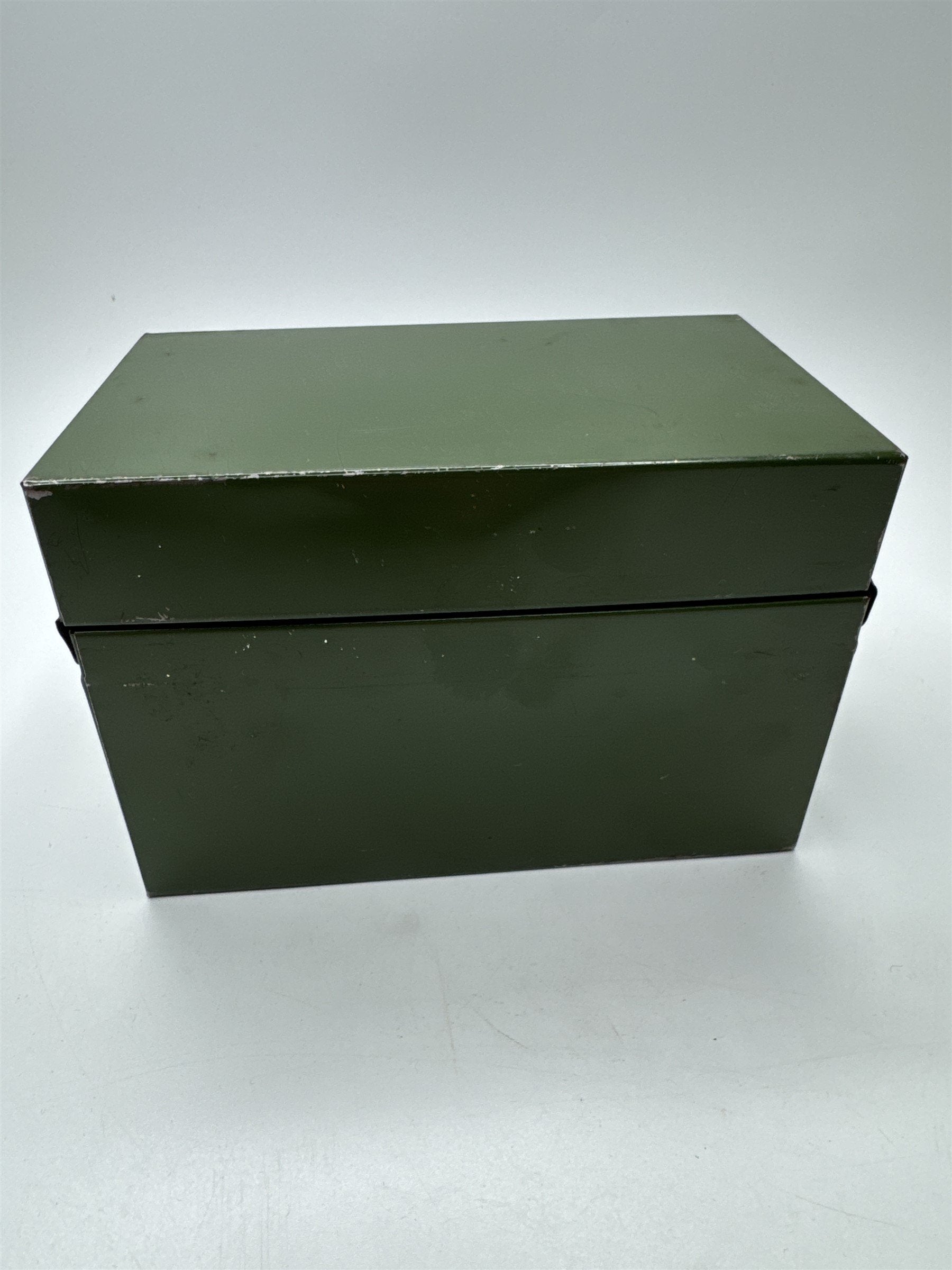Vintage Army Green Olive Green Metal Recipe Box Trinket Jewelry Container Tin