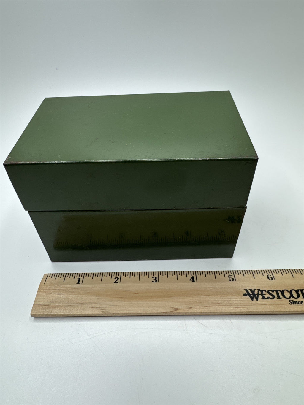 Vintage Army Green Olive Green Metal Recipe Box Trinket Jewelry Container Tin