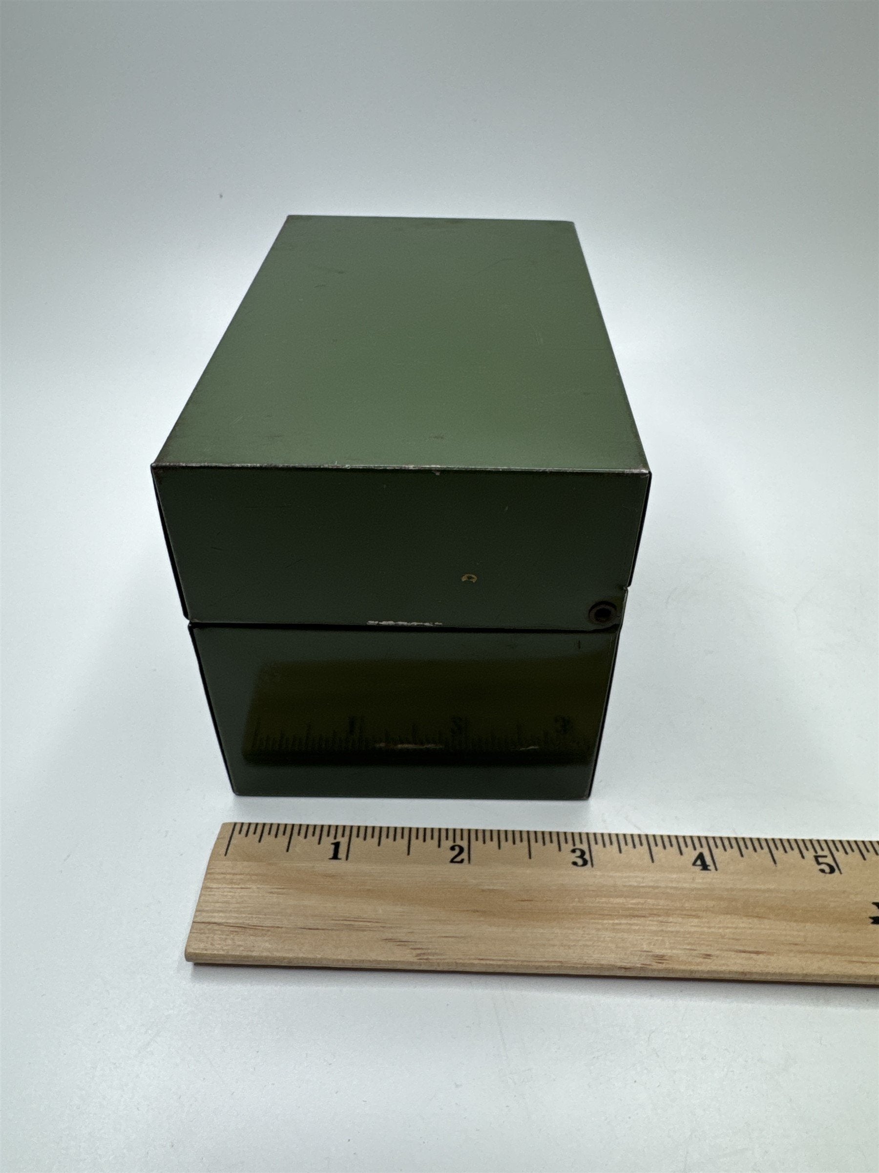Vintage Army Green Olive Green Metal Recipe Box Trinket Jewelry Container Tin