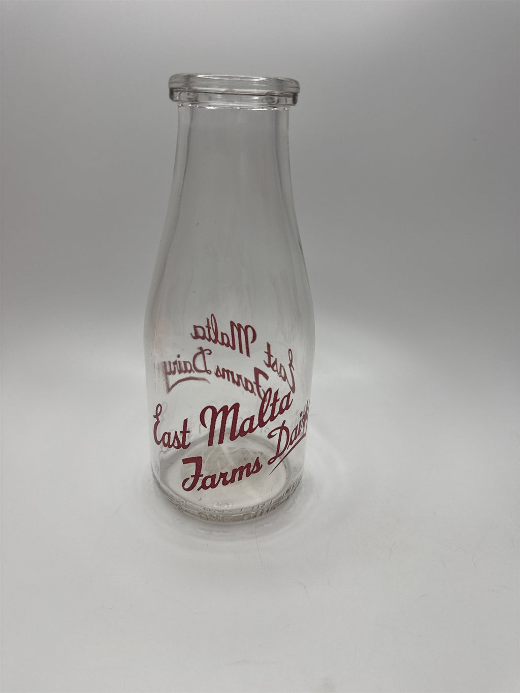 East Malta Farms Dairy One Pint Milk Glass Jug Vintage Red Print Milk Glass