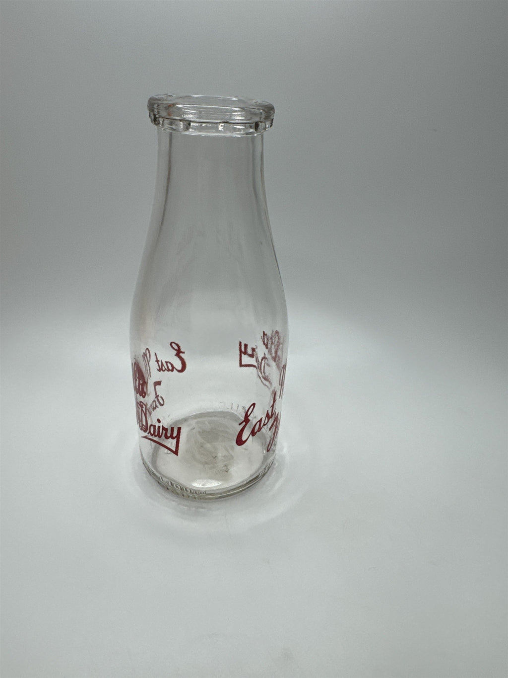 East Malta Farms Dairy One Pint Milk Glass Jug Vintage Red Print Milk Glass