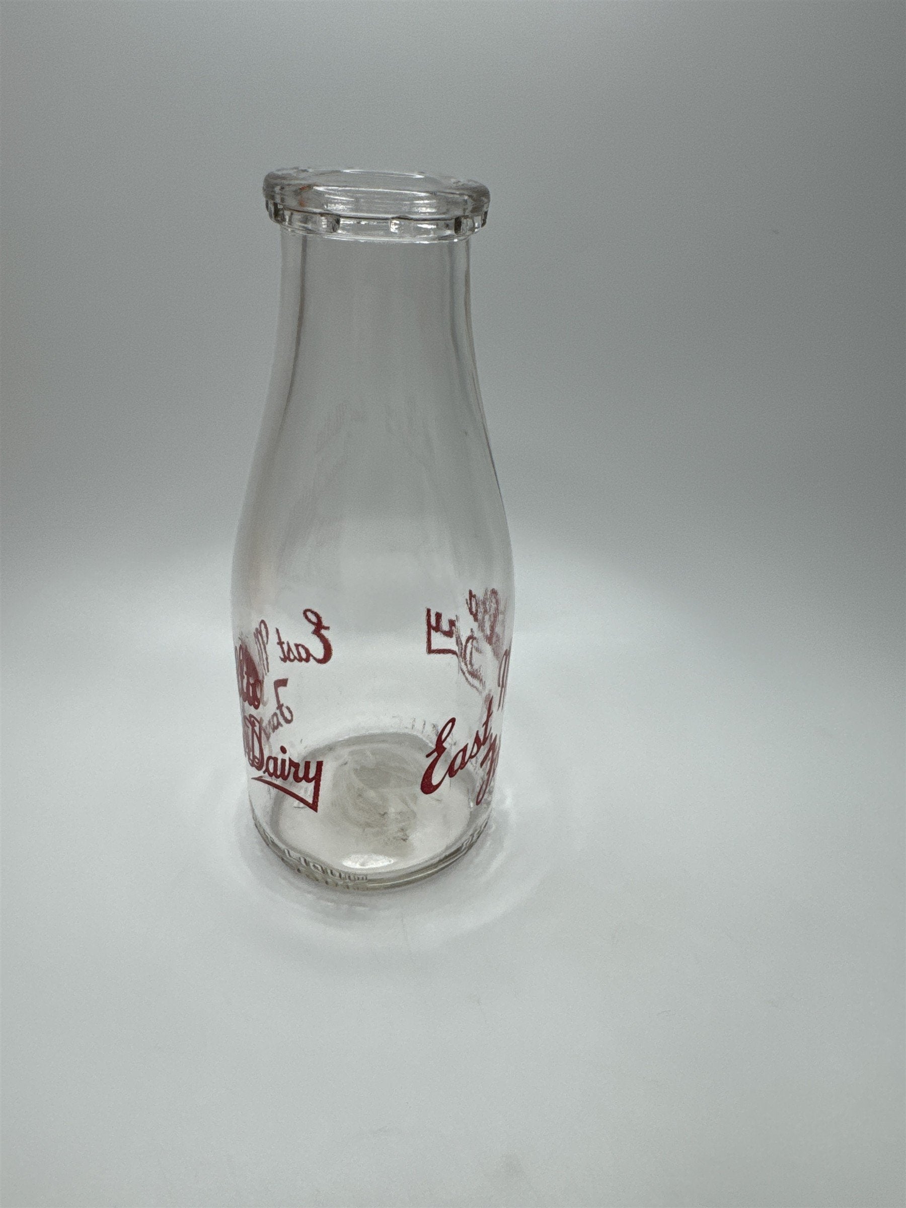 East Malta Farms Dairy One Pint Milk Glass Jug Vintage Red Print Milk Glass