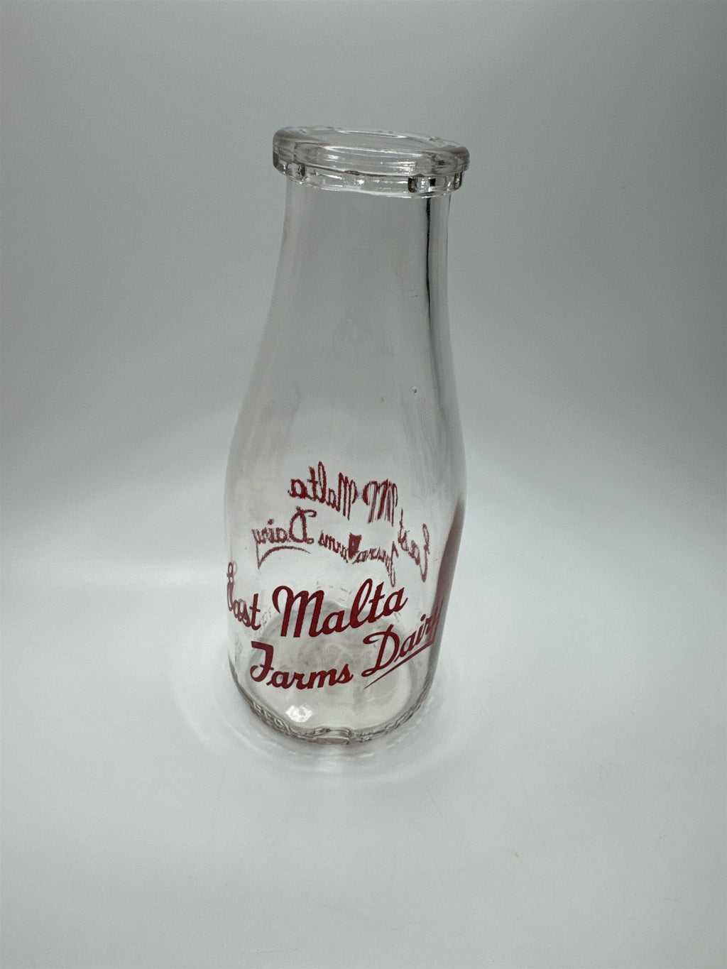 East Malta Farms Dairy One Pint Milk Glass Jug Vintage Red Print Milk Glass