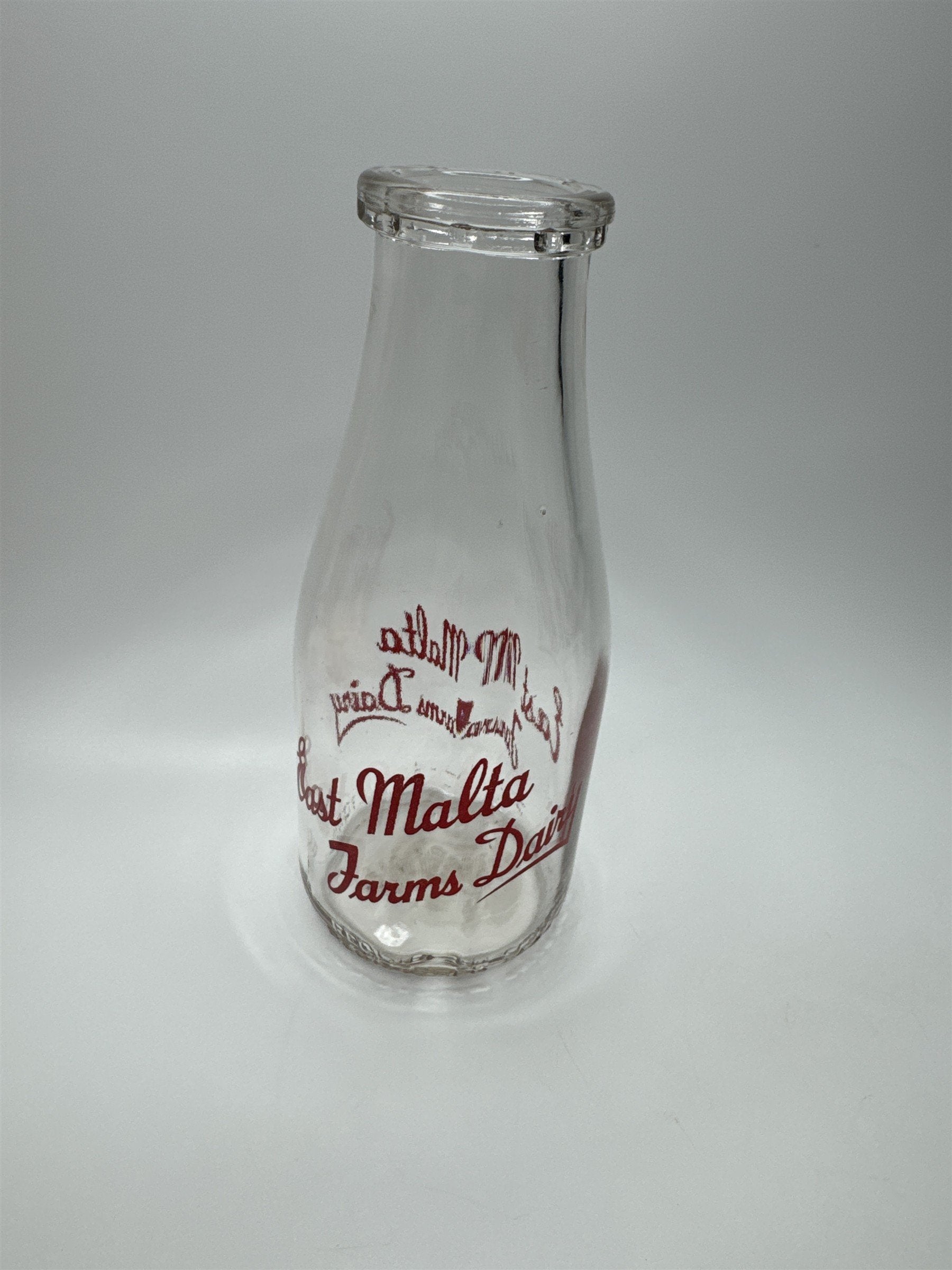 East Malta Farms Dairy One Pint Milk Glass Jug Vintage Red Print Milk Glass