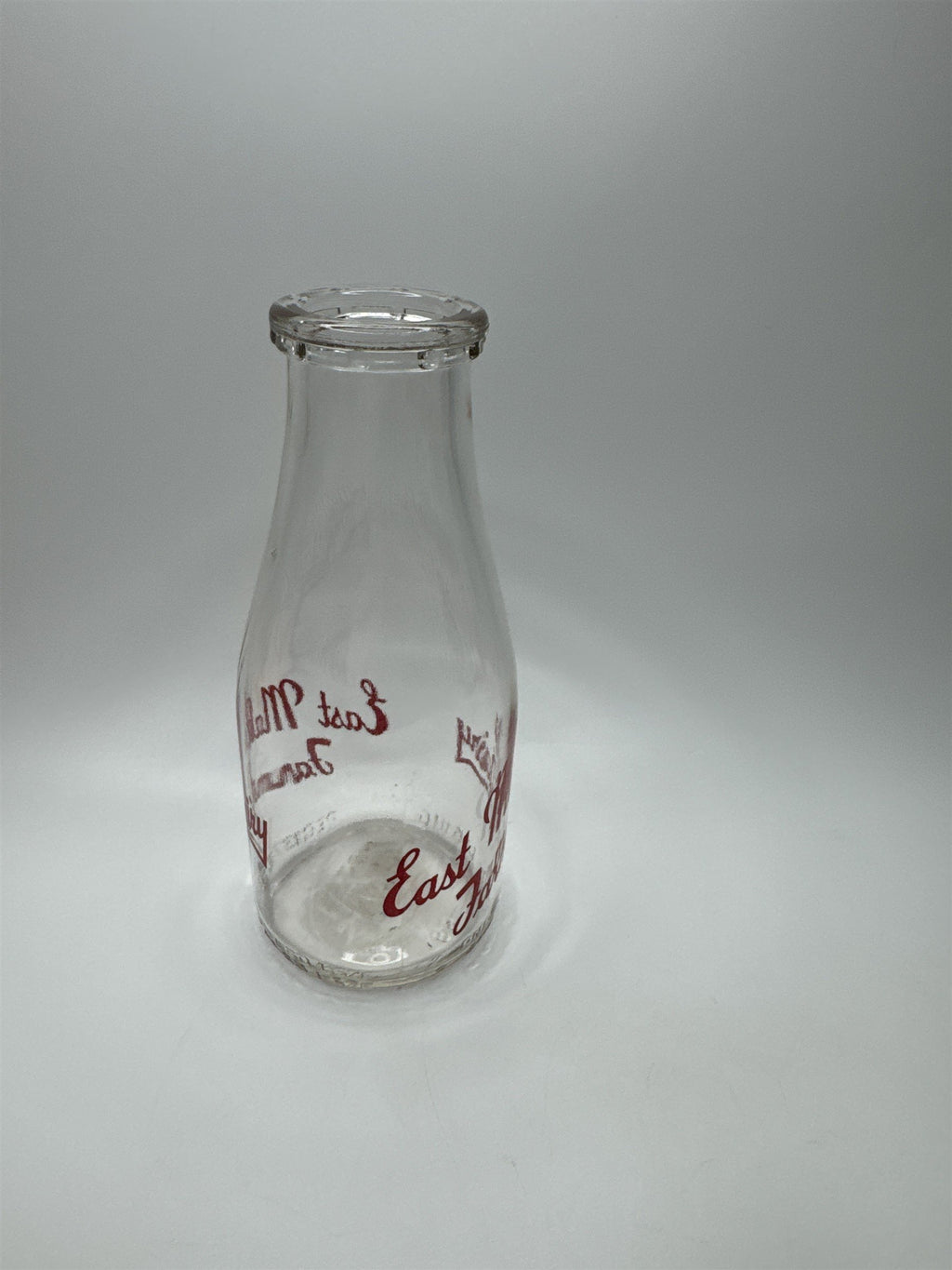 East Malta Farms Dairy One Pint Milk Glass Jug Vintage Red Print Milk Glass