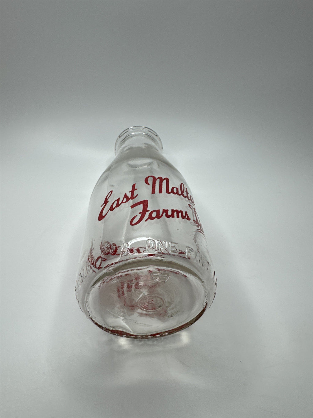 East Malta Farms Dairy One Pint Milk Glass Jug Vintage Red Print Milk Glass