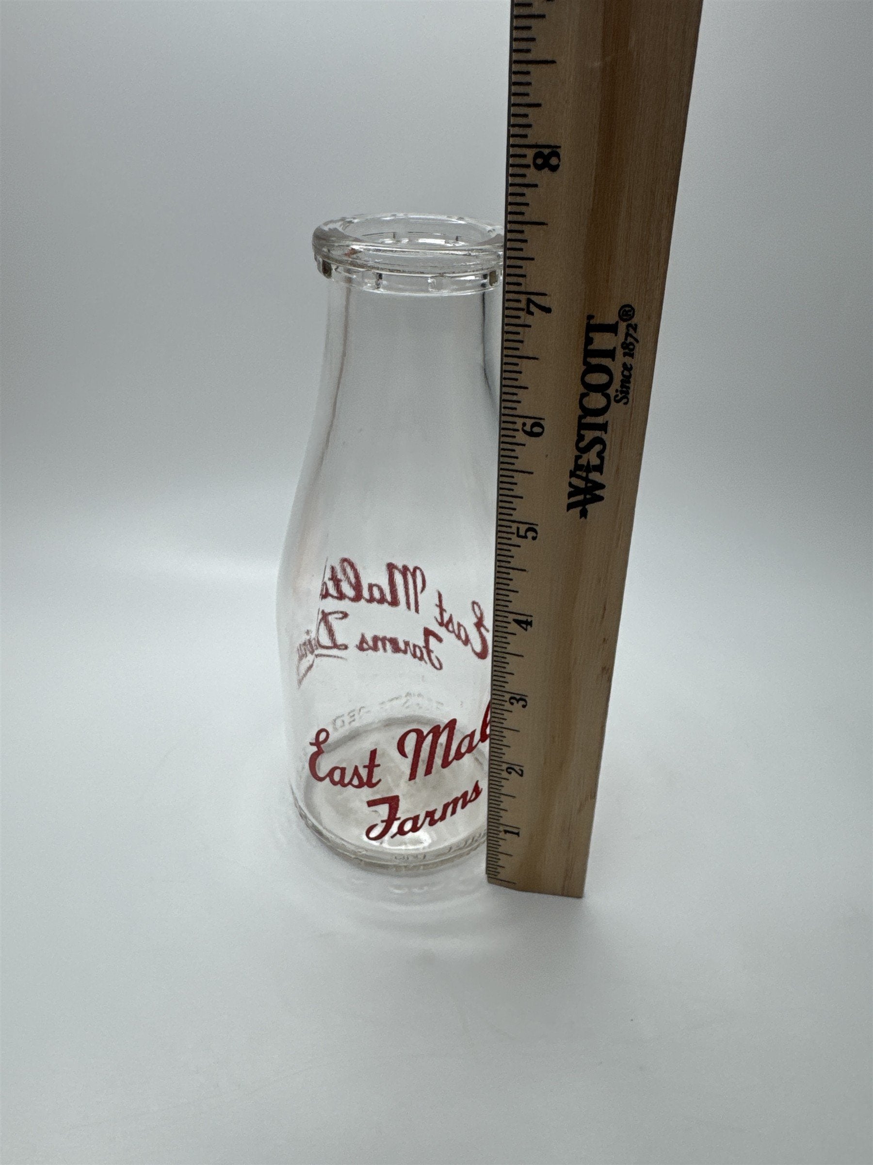 East Malta Farms Dairy One Pint Milk Glass Jug Vintage Red Print Milk Glass