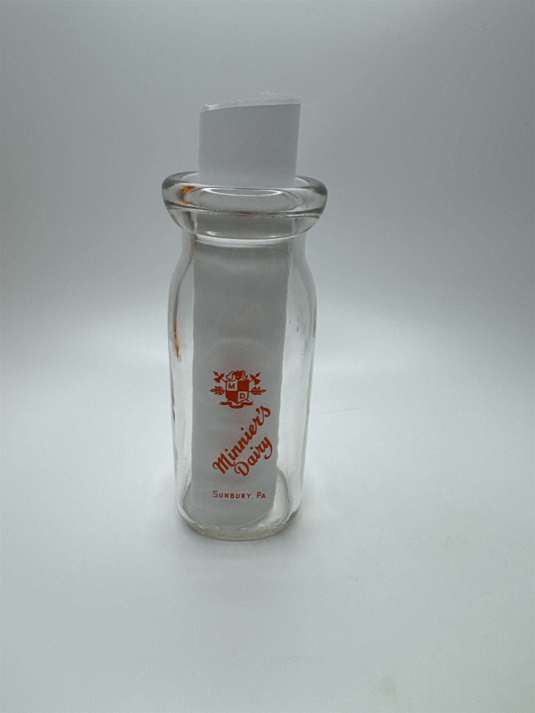 Minnier's Dairy Sunbury PA Empty Half Pint Milk Glass Jug Playtime Orange Print