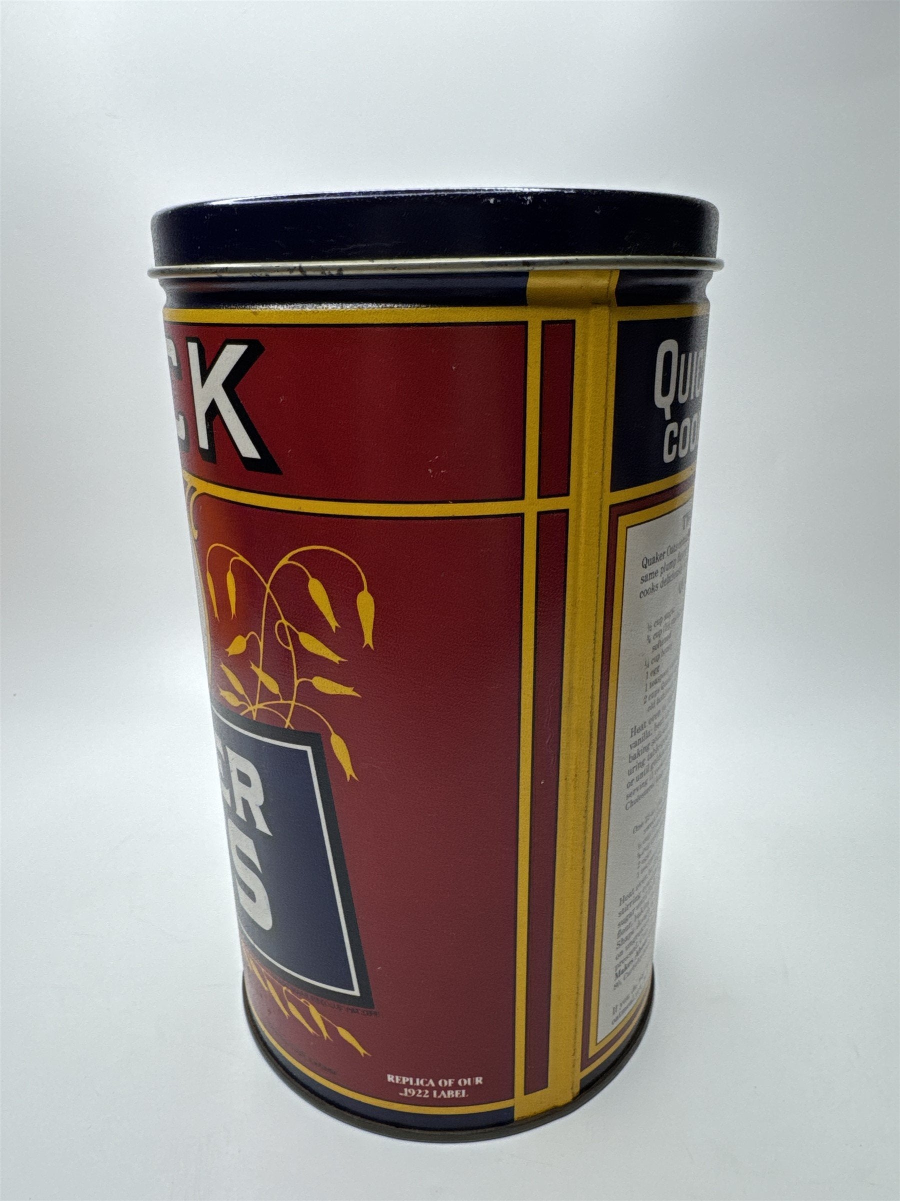 Vintage 1990 Quaker Oats Metal Tin Can Empty Replica of 1922 Label