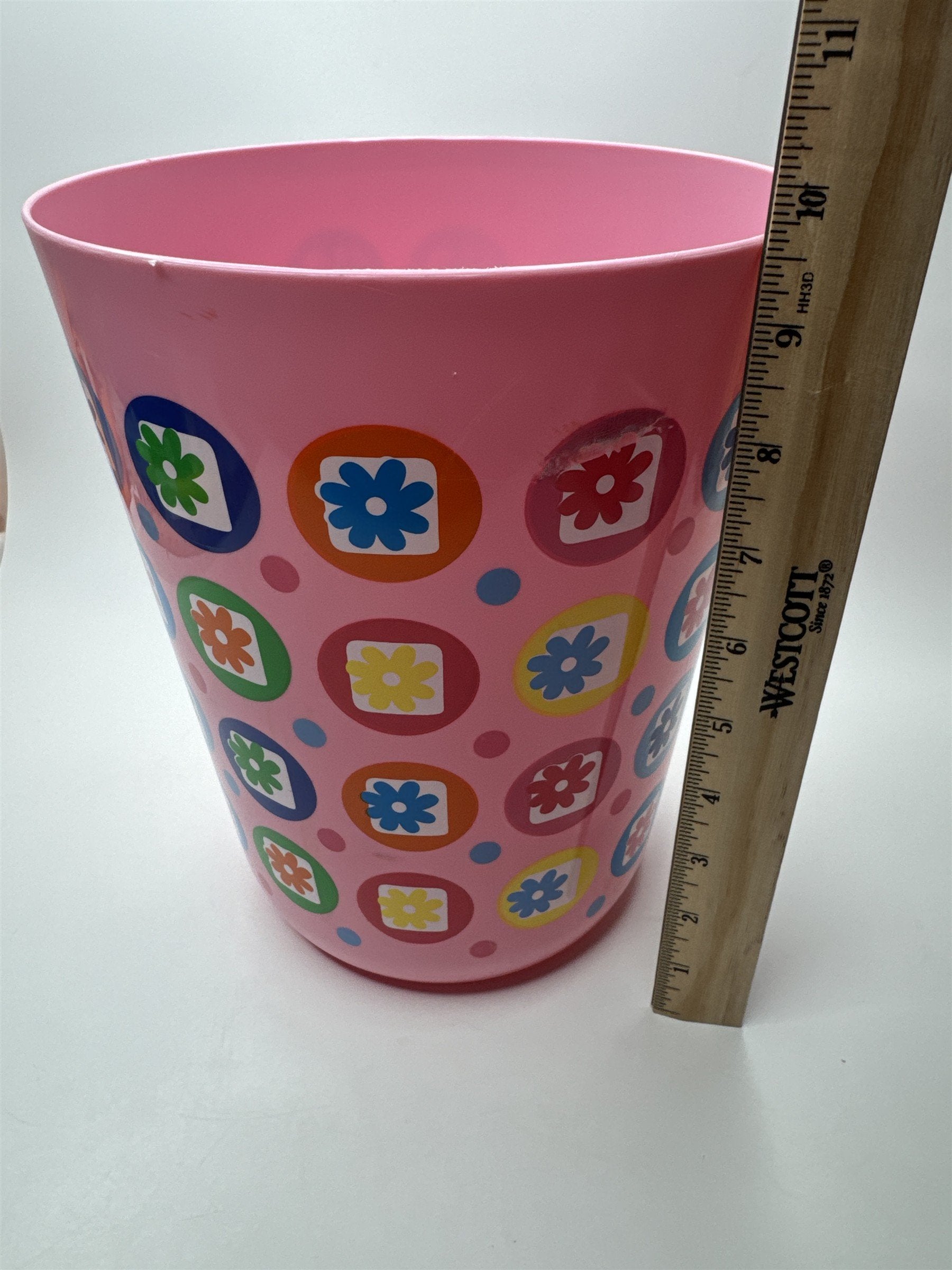 Vintage Retro Flower Power Boho Pink Plastic Trash Van 80s 90s 9.5" Tall