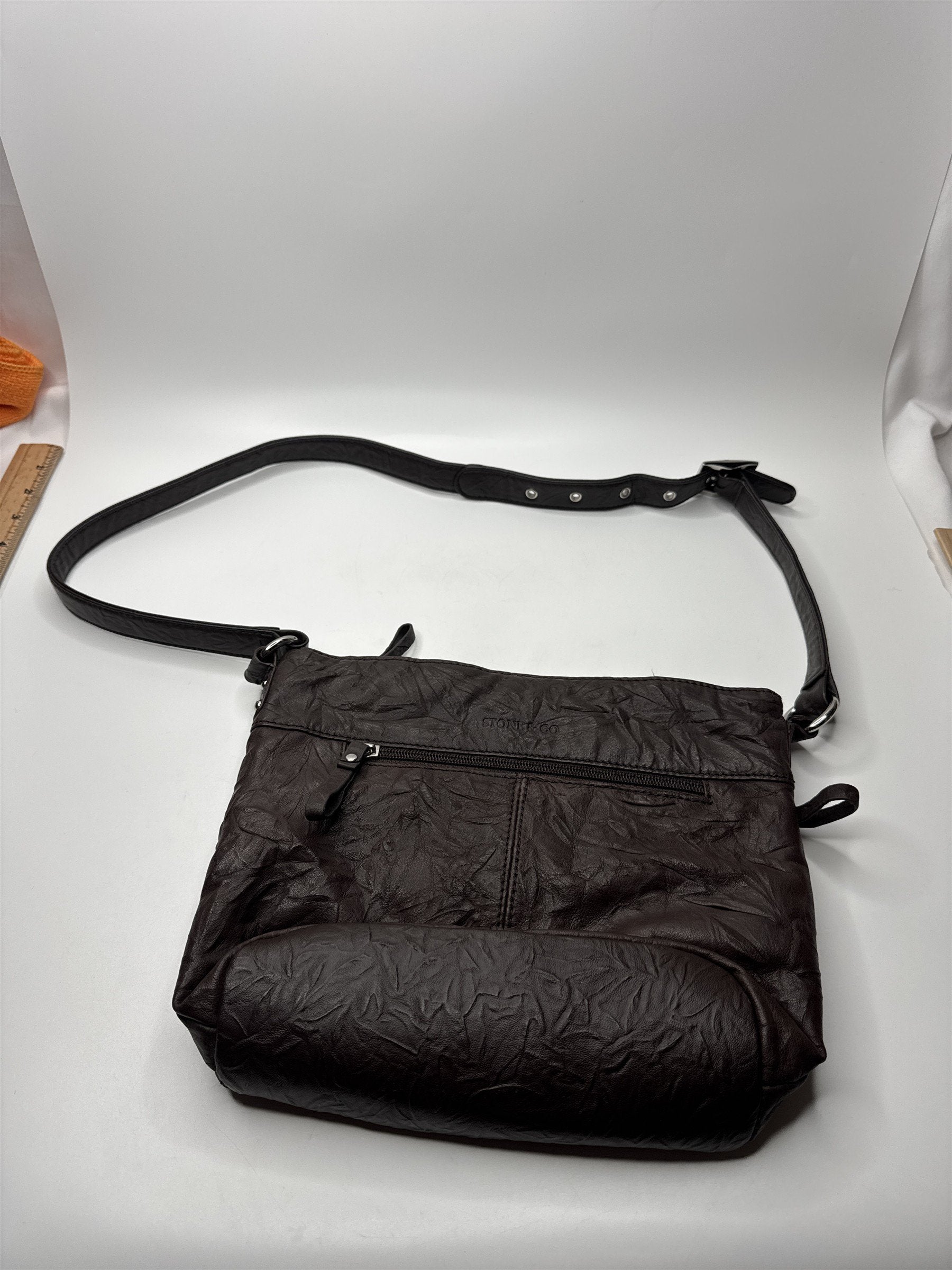 Stone & Co Dark Brown Cracked Leather Shoulder Bag Lots of Exterior Pockets