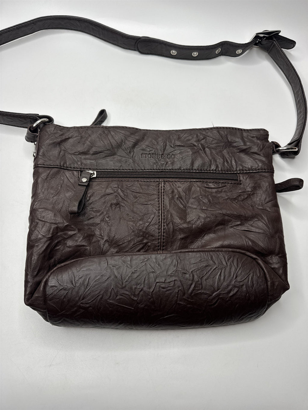 Stone & Co Dark Brown Cracked Leather Shoulder Bag Lots of Exterior Pockets