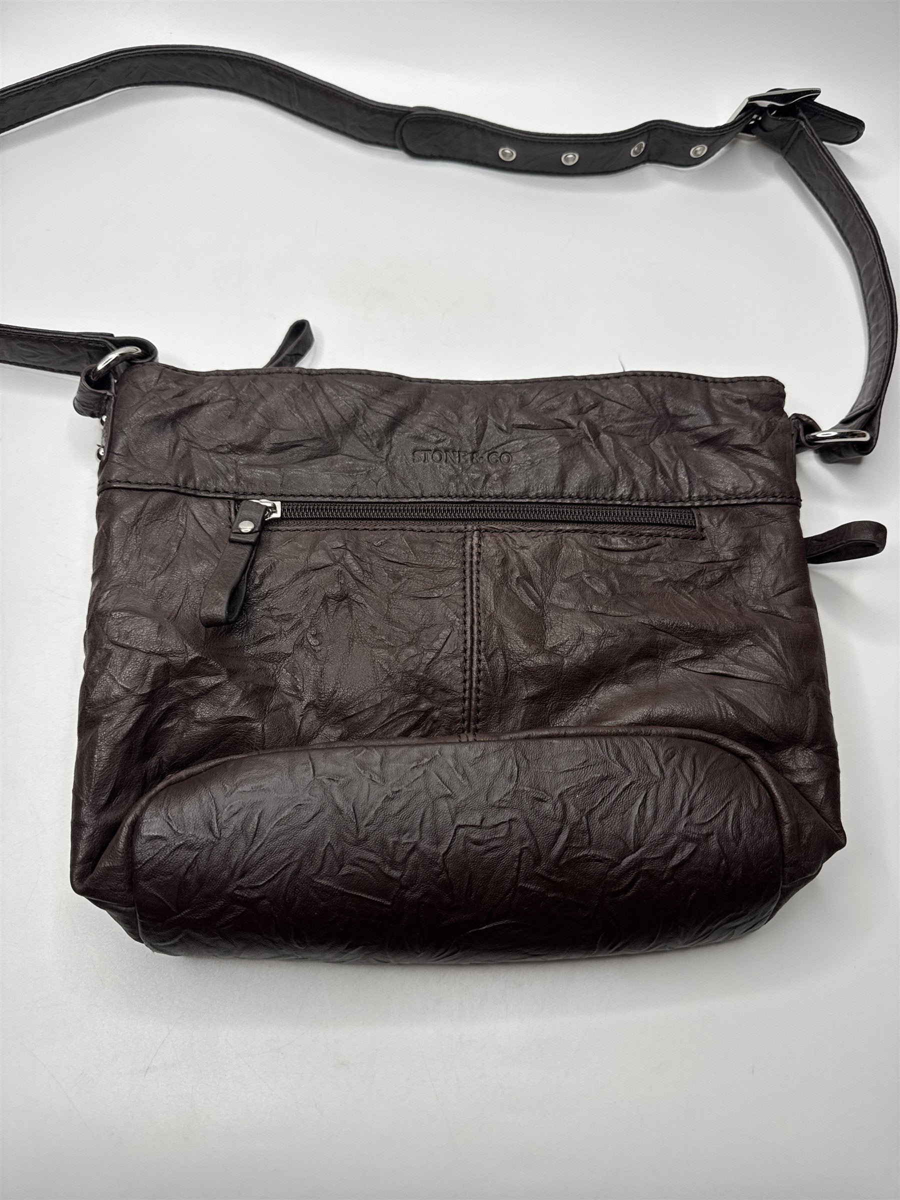 Stone & Co Dark Brown Cracked Leather Shoulder Bag Lots of Exterior Pockets