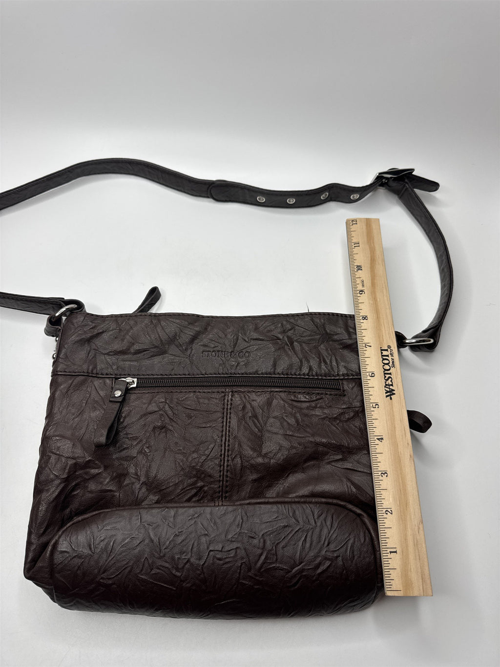Stone & Co Dark Brown Cracked Leather Shoulder Bag Lots of Exterior Pockets