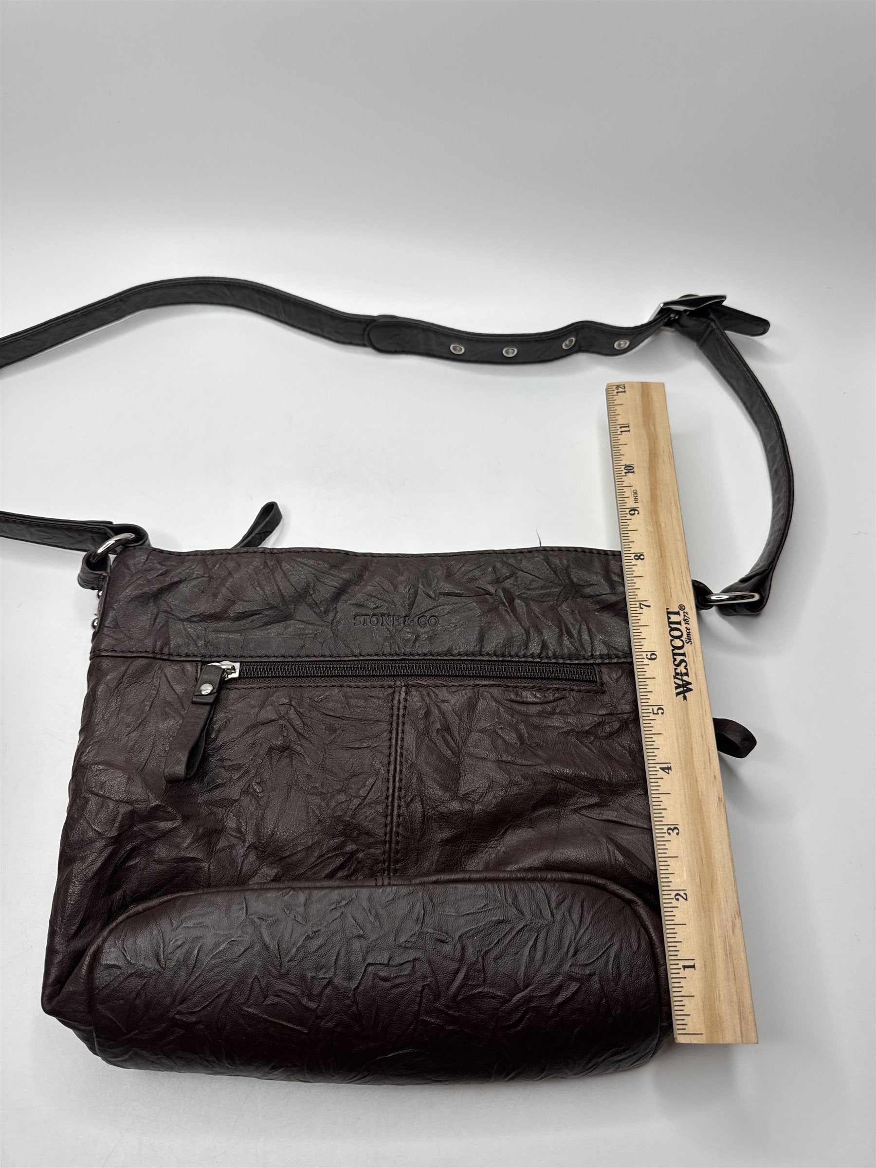Stone & Co Dark Brown Cracked Leather Shoulder Bag Lots of Exterior Pockets