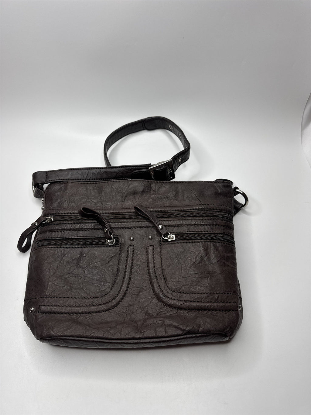 Stone & Co Dark Brown Cracked Leather Shoulder Bag Lots of Exterior Pockets