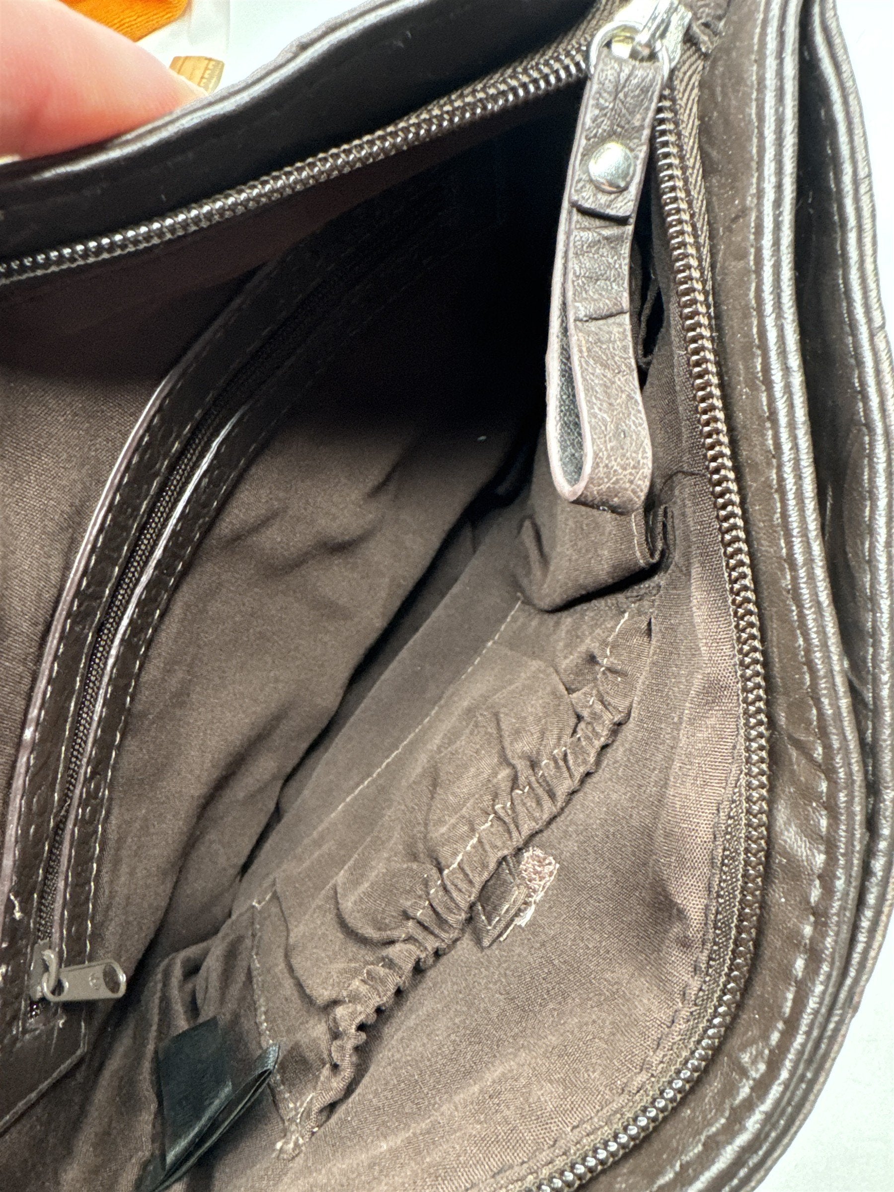Stone & Co Dark Brown Cracked Leather Shoulder Bag Lots of Exterior Pockets