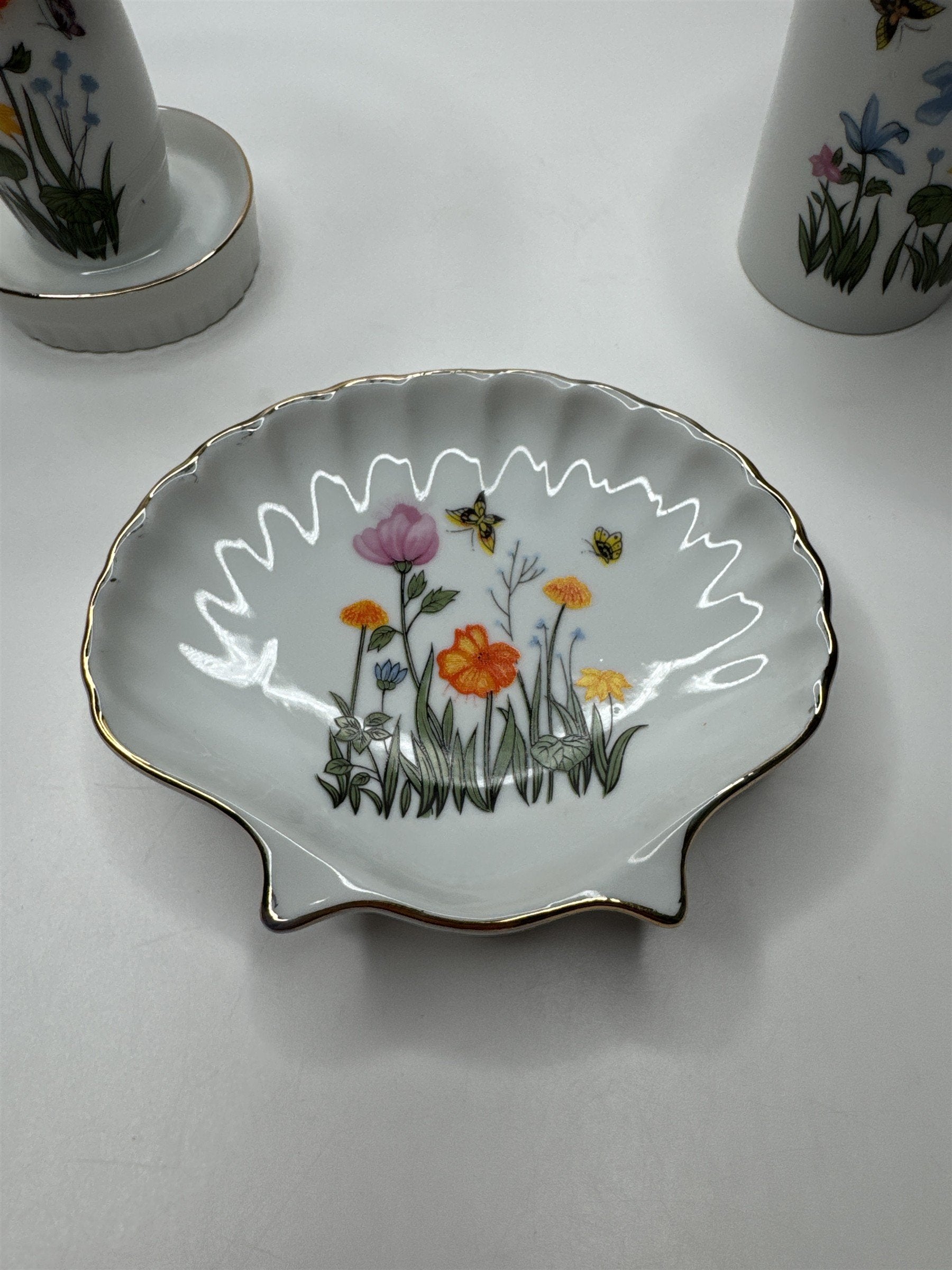 Vintage Japan 3pc Bathroom Set Flowers Butterflies Porcelain Shell Cottage Core