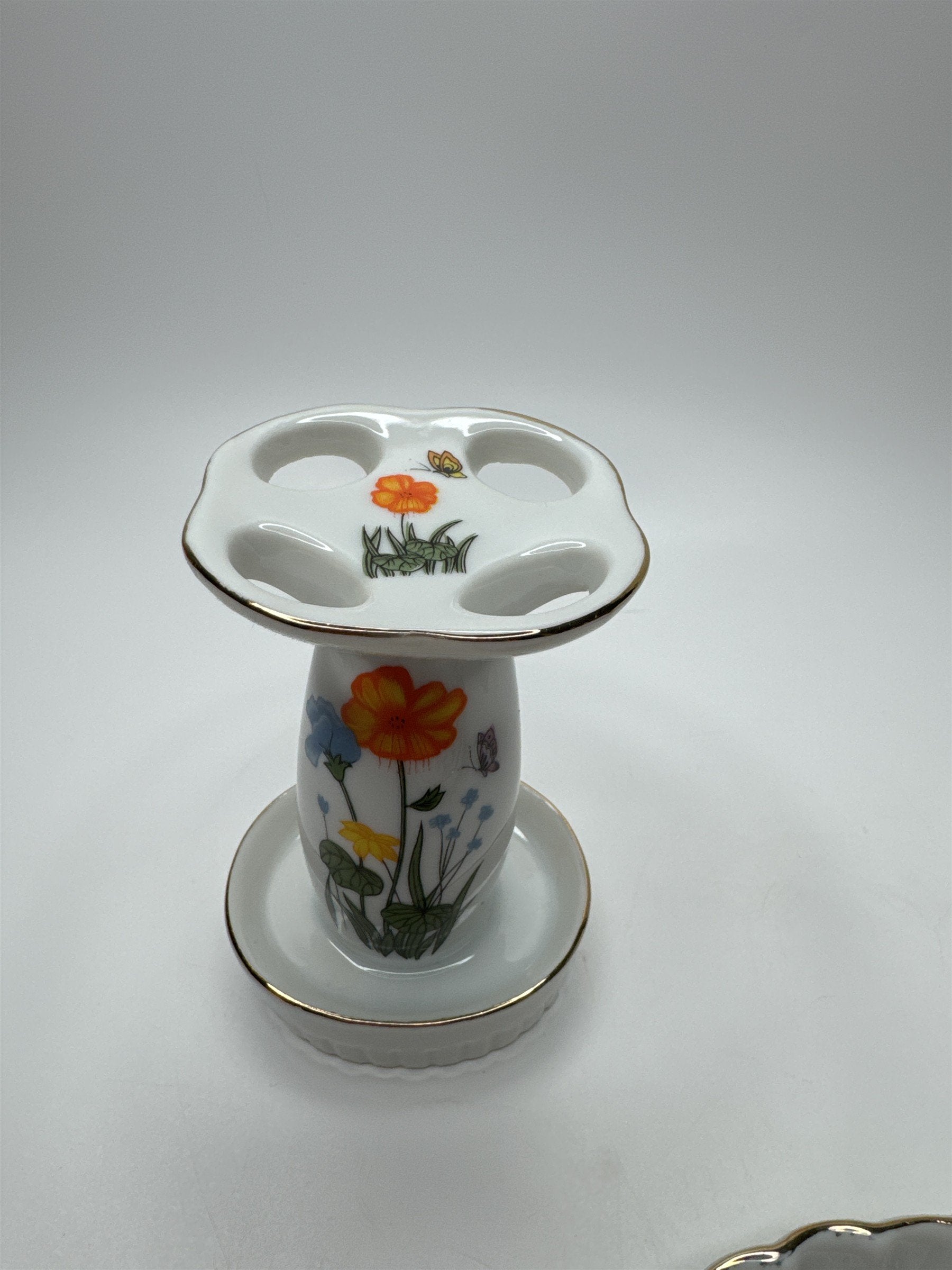 Vintage Japan 3pc Bathroom Set Flowers Butterflies Porcelain Shell Cottage Core