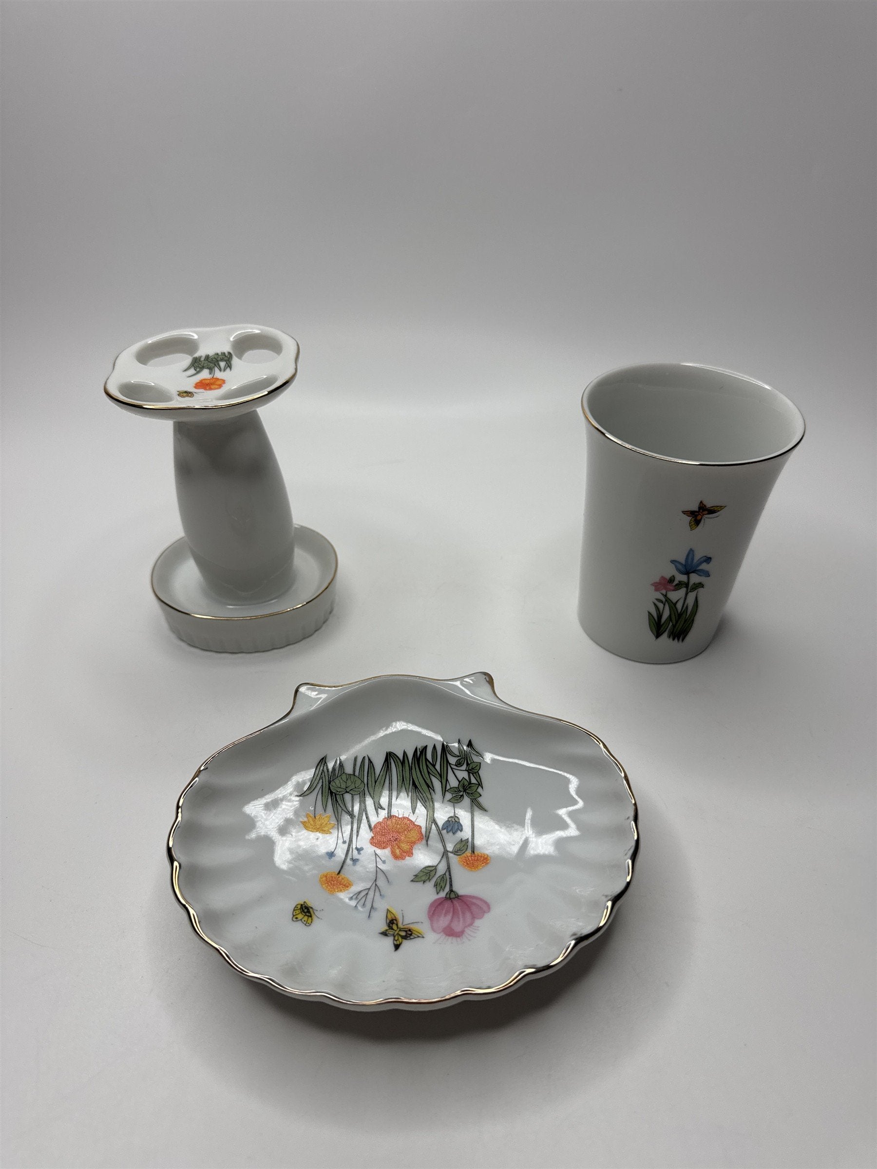 Vintage Japan 3pc Bathroom Set Flowers Butterflies Porcelain Shell Cottage Core