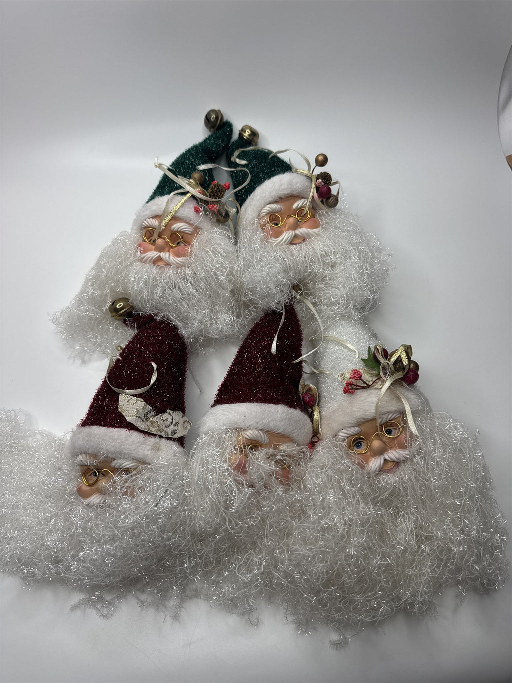 Lot of 5 Large Vintage Santa Head Old World Ornament String Tinsel Beard /w Hats
