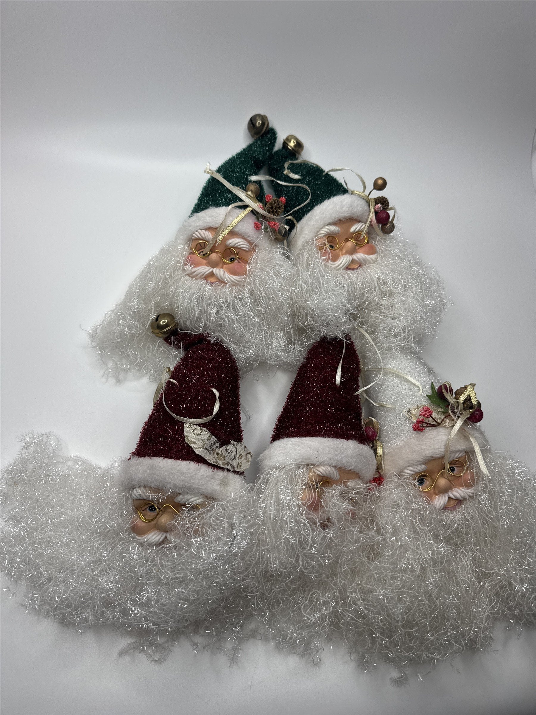 Lot of 5 Large Vintage Santa Head Old World Ornament String Tinsel Beard /w Hats