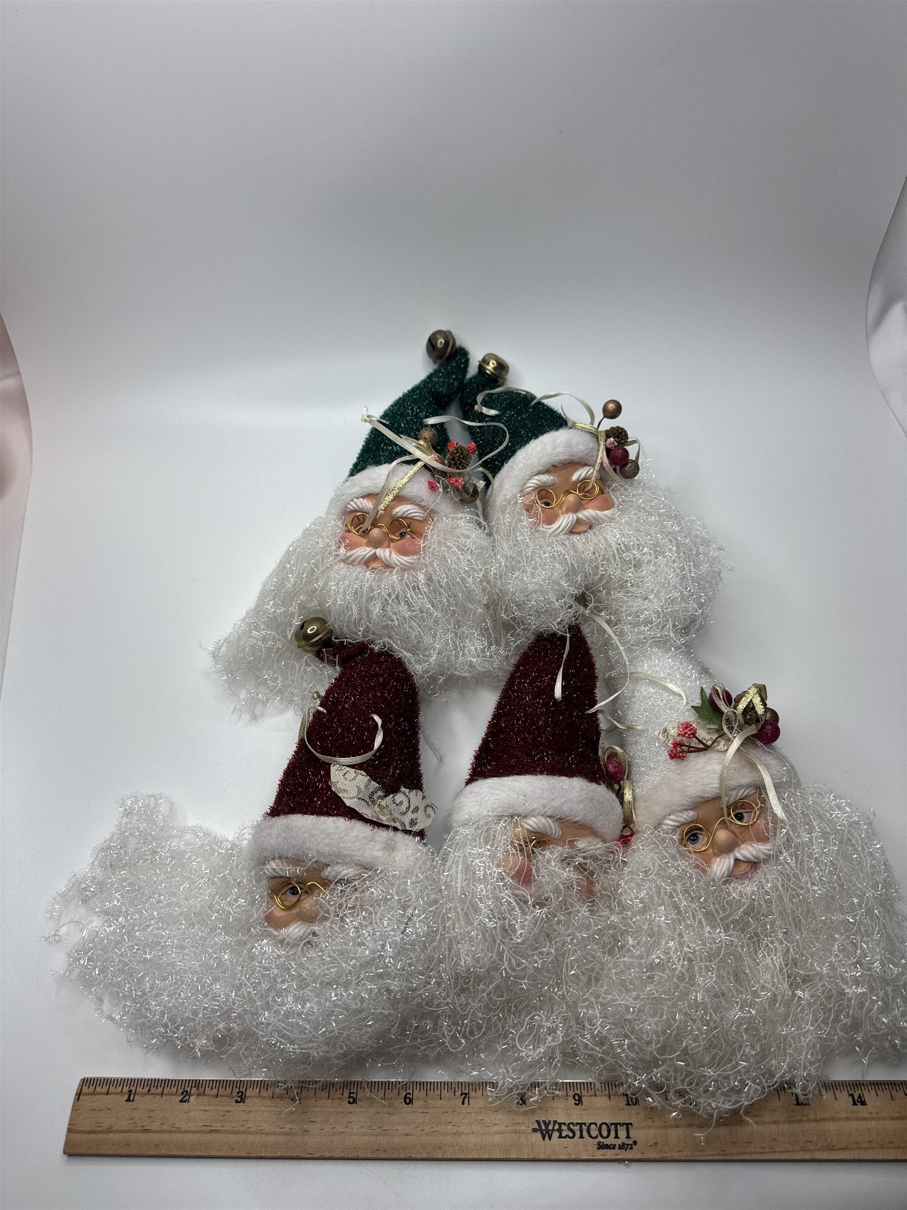 Lot of 5 Large Vintage Santa Head Old World Ornament String Tinsel Beard /w Hats
