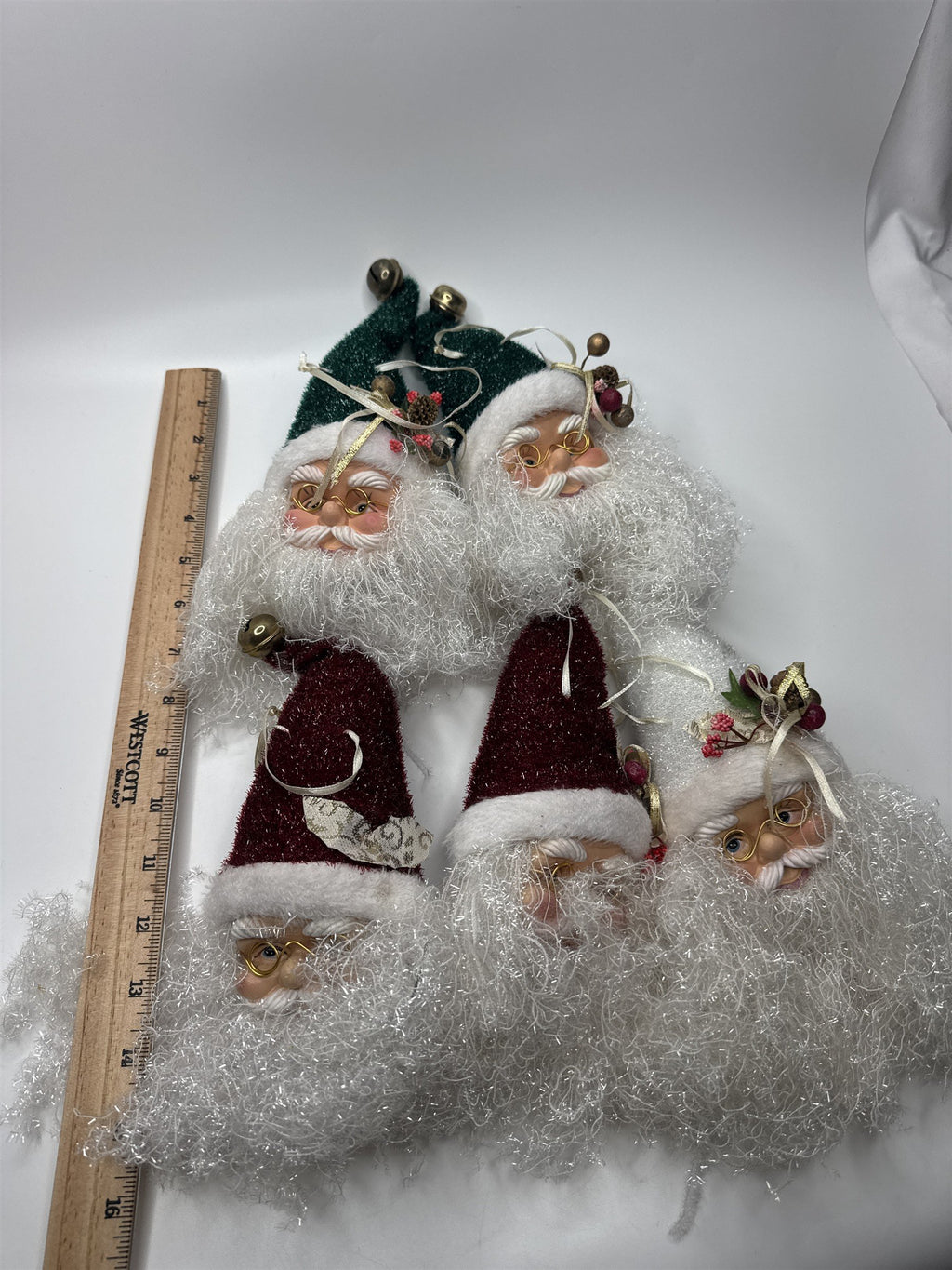 Lot of 5 Large Vintage Santa Head Old World Ornament String Tinsel Beard /w Hats