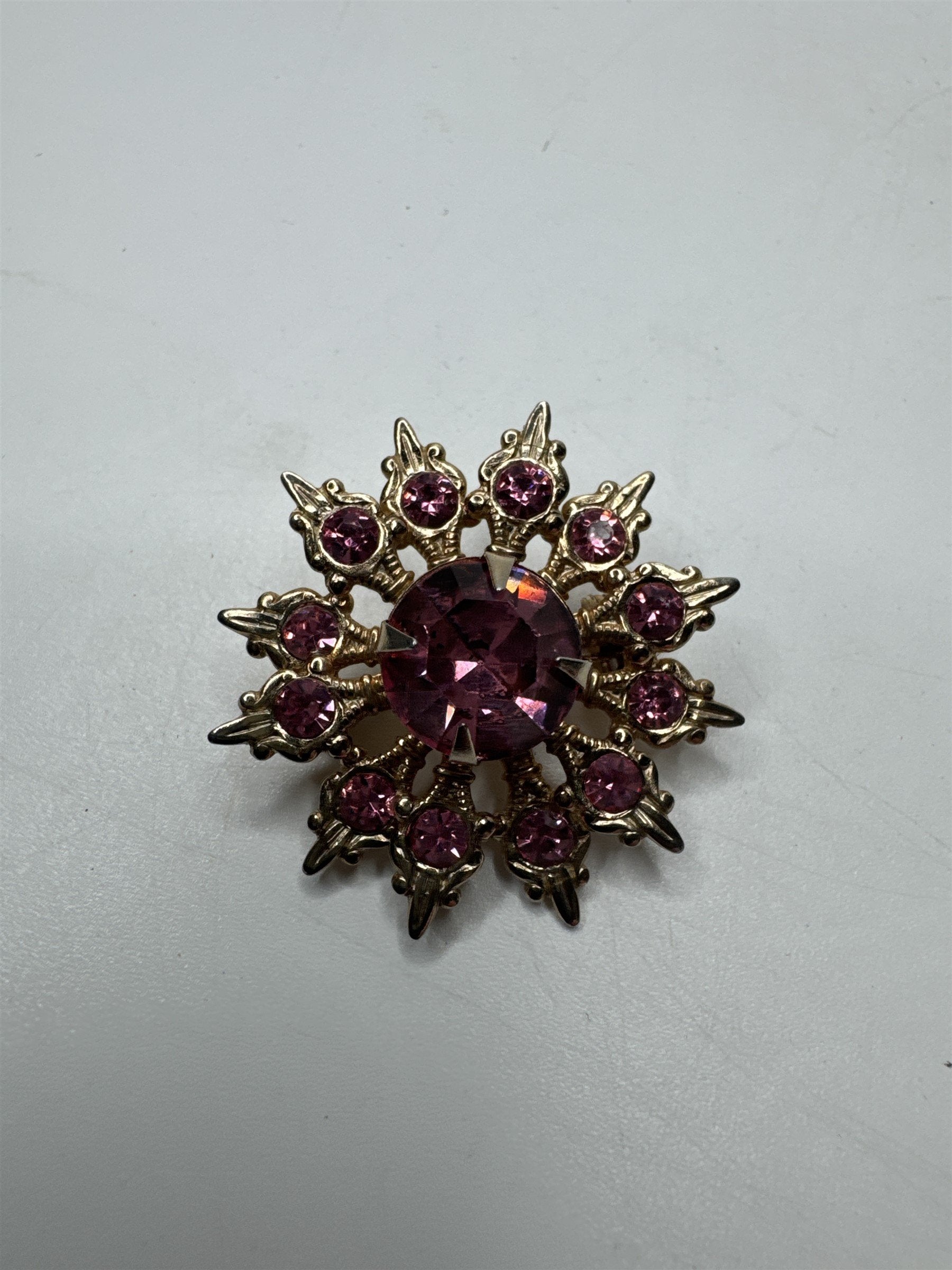 Vintage Gold Flower/Snowflake Brooch/Pin with Pink Rhinestones