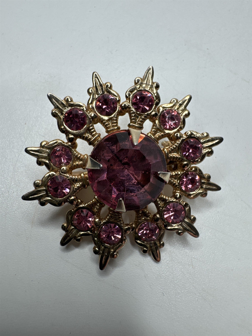 Vintage Gold Flower/Snowflake Brooch/Pin with Pink Rhinestones
