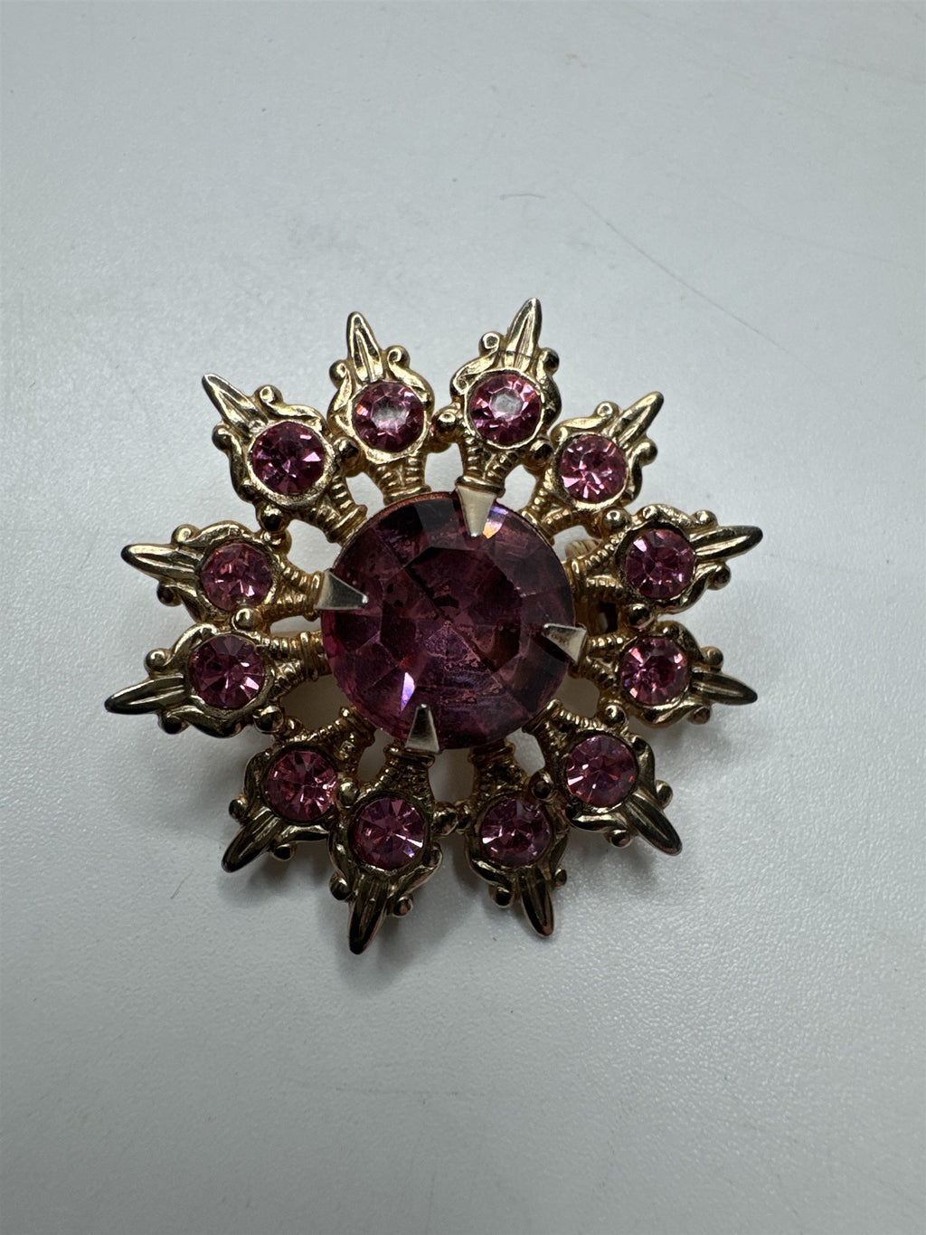 Vintage Gold Flower/Snowflake Brooch/Pin with Pink Rhinestones