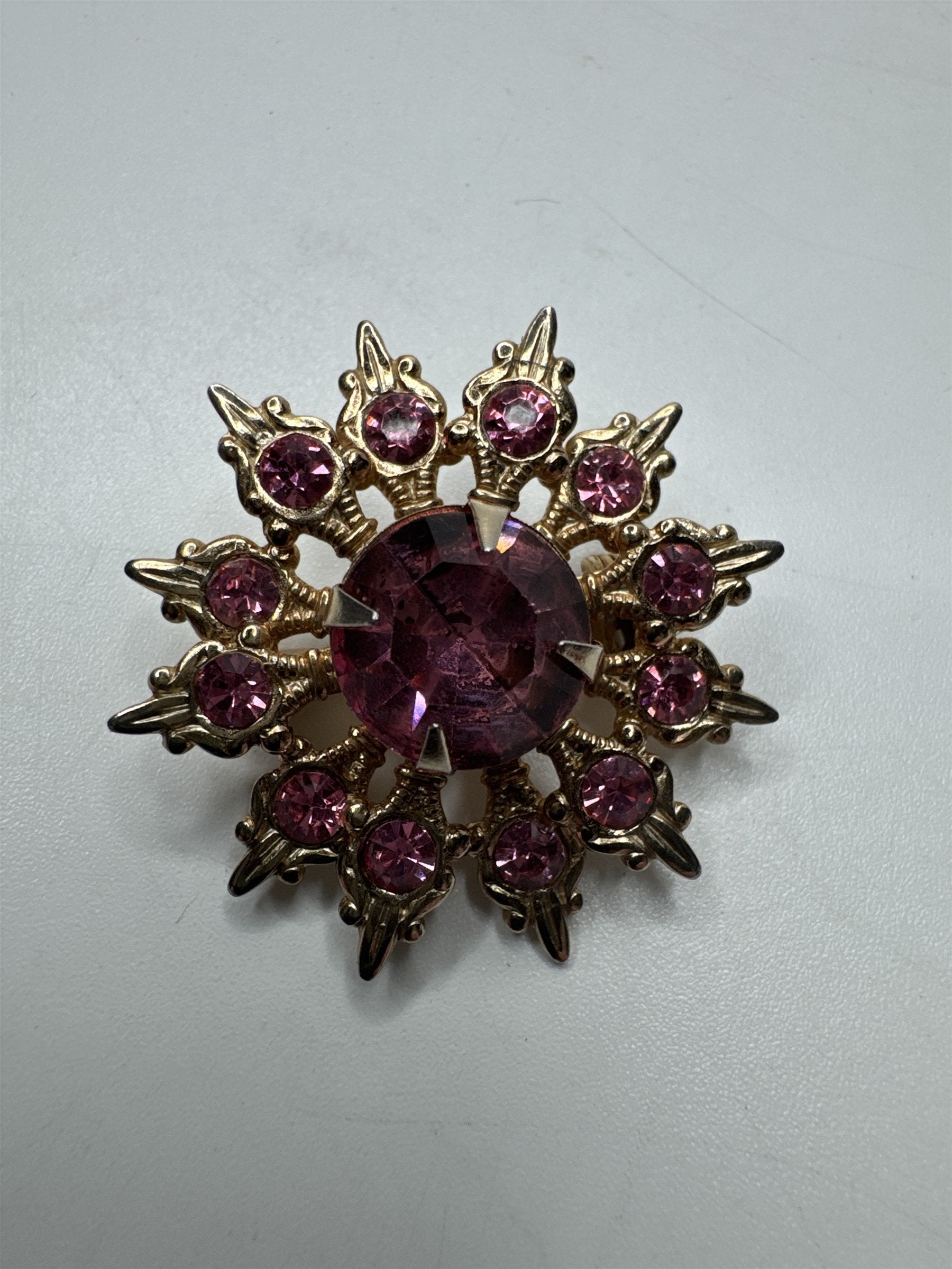Vintage Gold Flower/Snowflake Brooch/Pin with Pink Rhinestones