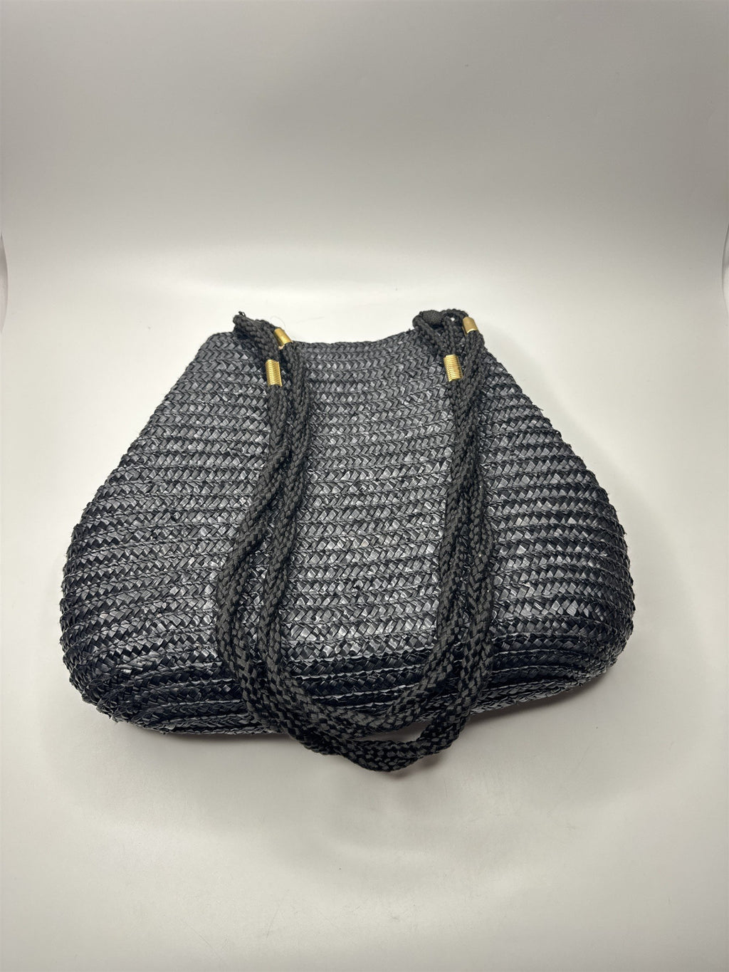 Vintage Black Natural Straw Shoulder Purse Braided /w Gold Metal Embellishments
