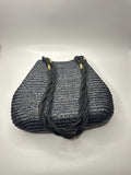 Vintage Black Natural Straw Shoulder Purse Braided /w Gold Metal Embellishments