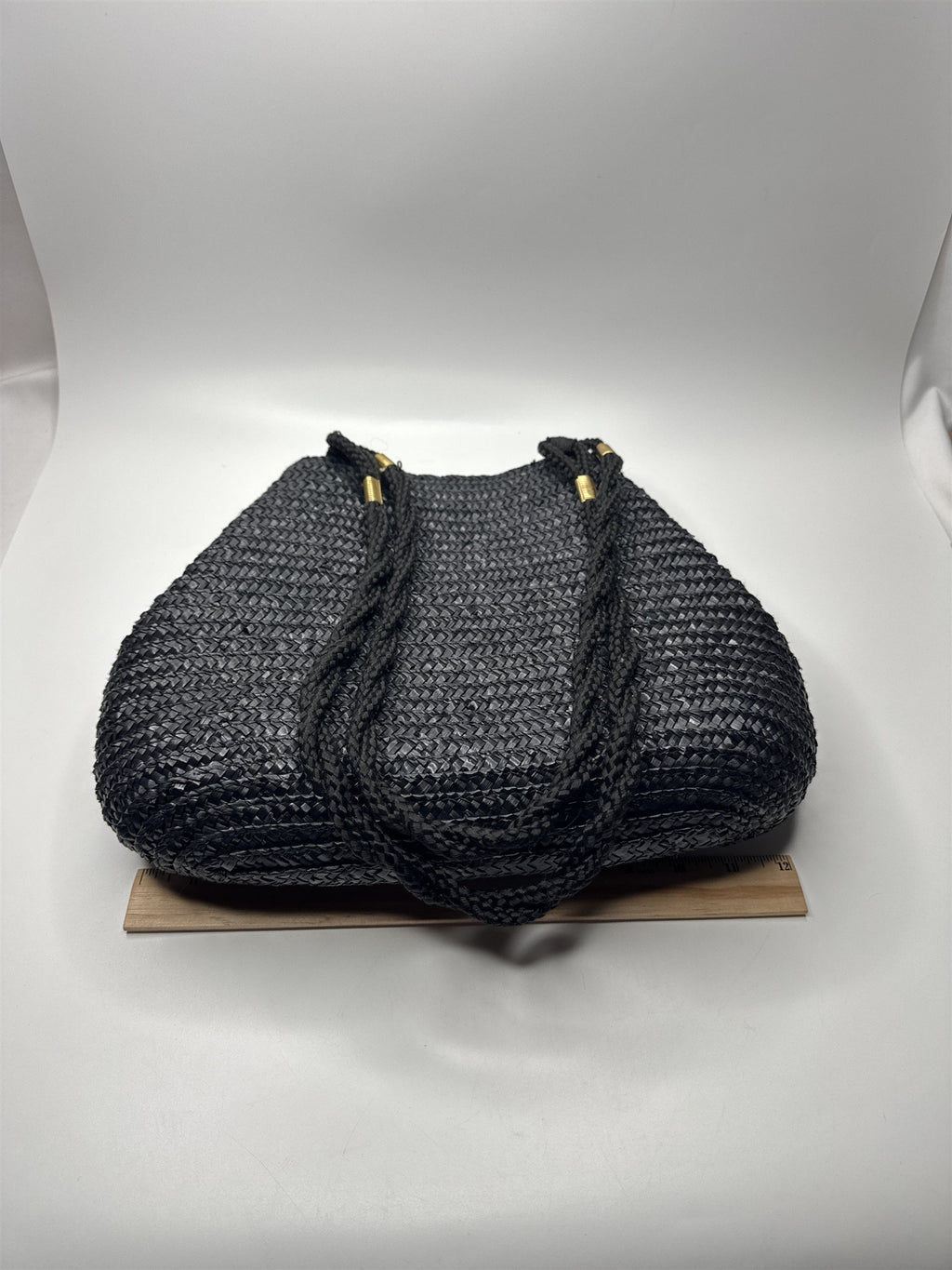 Vintage Black Natural Straw Shoulder Purse Braided /w Gold Metal Embellishments