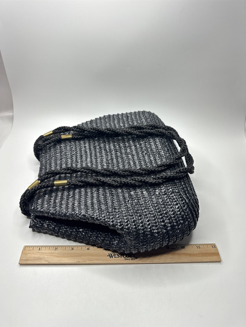 Vintage Black Natural Straw Shoulder Purse Braided /w Gold Metal Embellishments