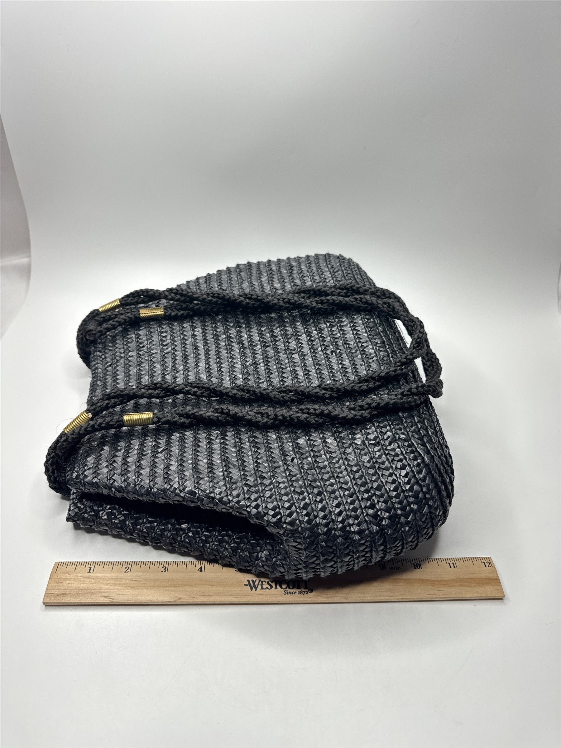 Vintage Black Natural Straw Shoulder Purse Braided /w Gold Metal Embellishments