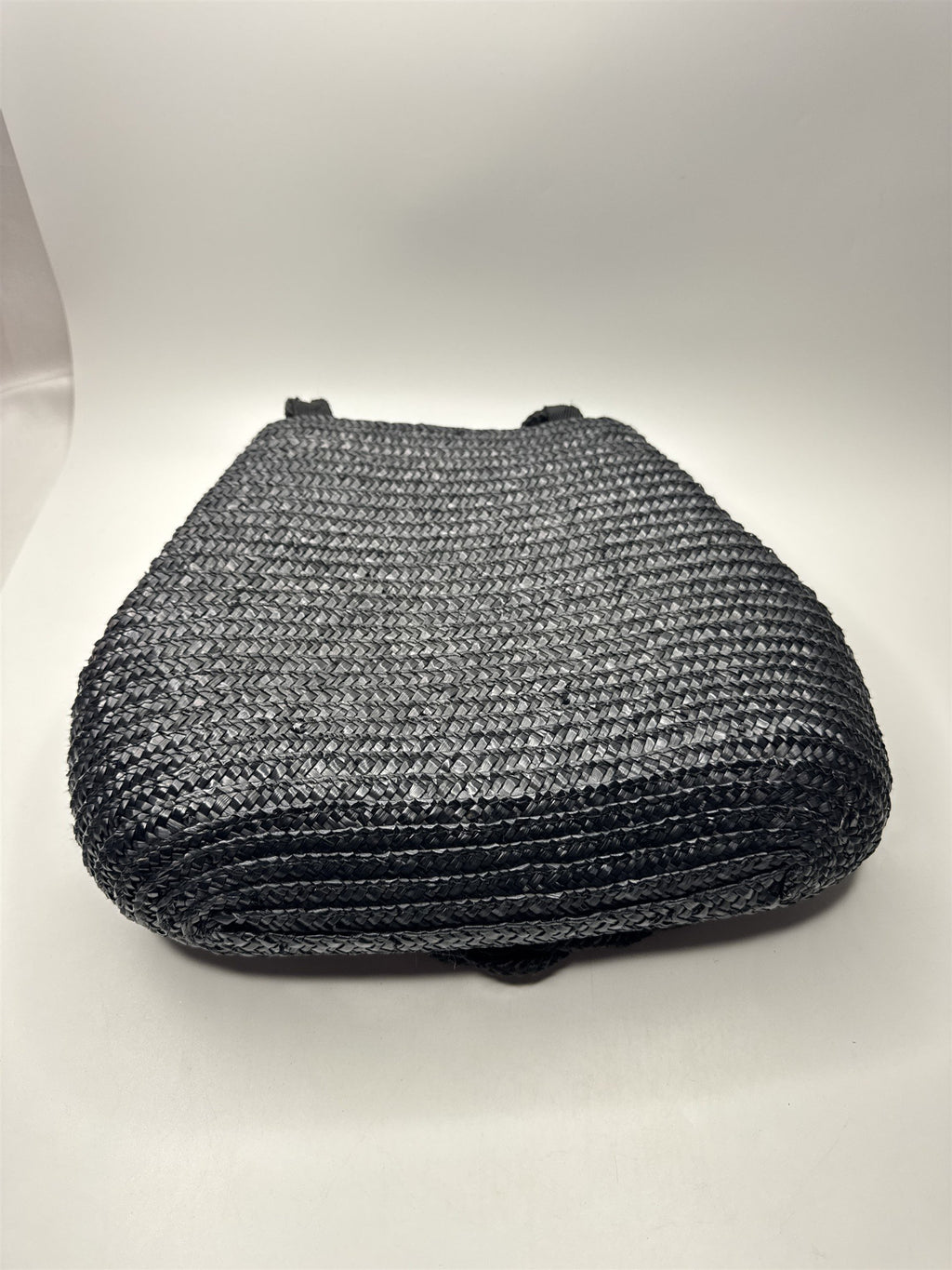 Vintage Black Natural Straw Shoulder Purse Braided /w Gold Metal Embellishments