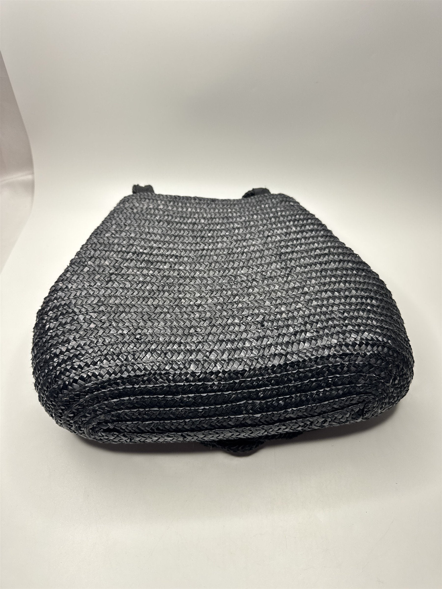 Vintage Black Natural Straw Shoulder Purse Braided /w Gold Metal Embellishments