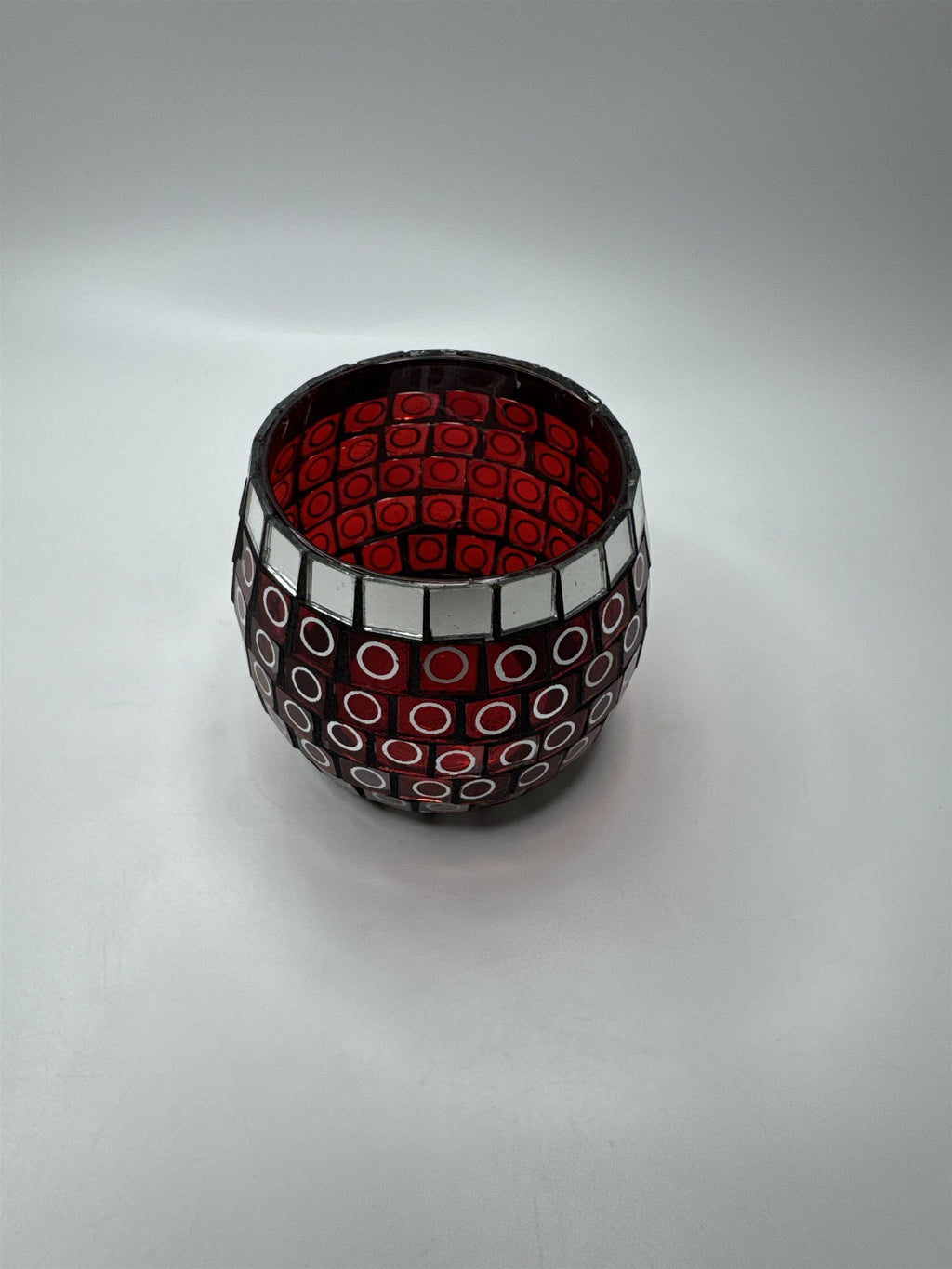 Glass Mosaic Red and Mirror Circles Candle Holder Home Decor 3.5" x 3.25"