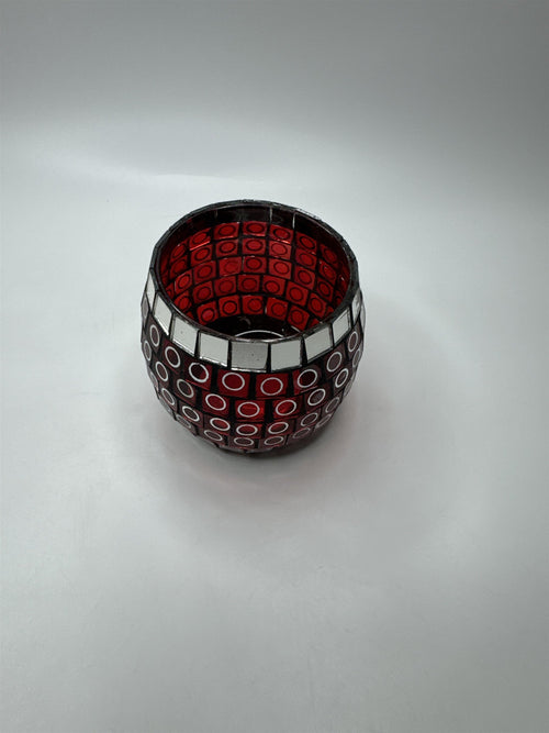 Glass Mosaic Red and Mirror Circles Candle Holder Home Decor 3.5" x 3.25"