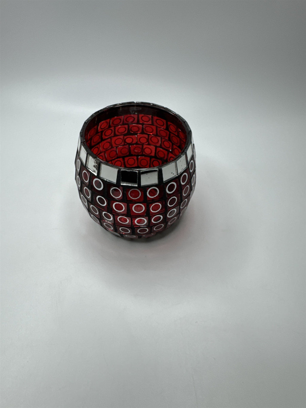 Glass Mosaic Red and Mirror Circles Candle Holder Home Decor 3.5" x 3.25"