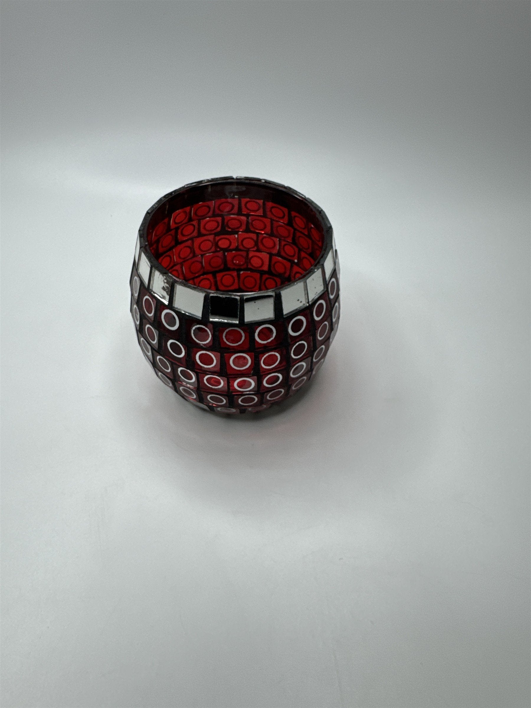 Glass Mosaic Red and Mirror Circles Candle Holder Home Decor 3.5" x 3.25"