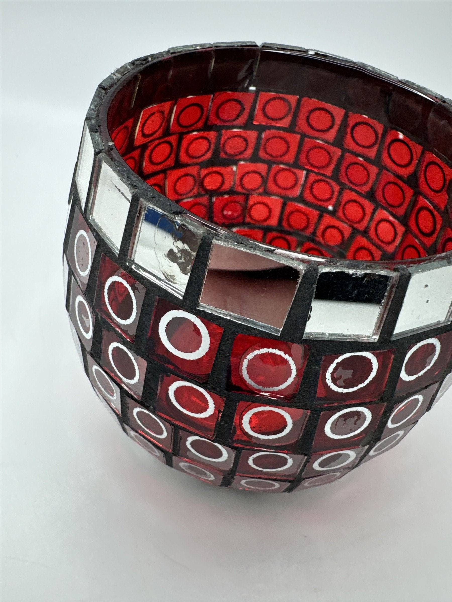 Glass Mosaic Red and Mirror Circles Candle Holder Home Decor 3.5" x 3.25"