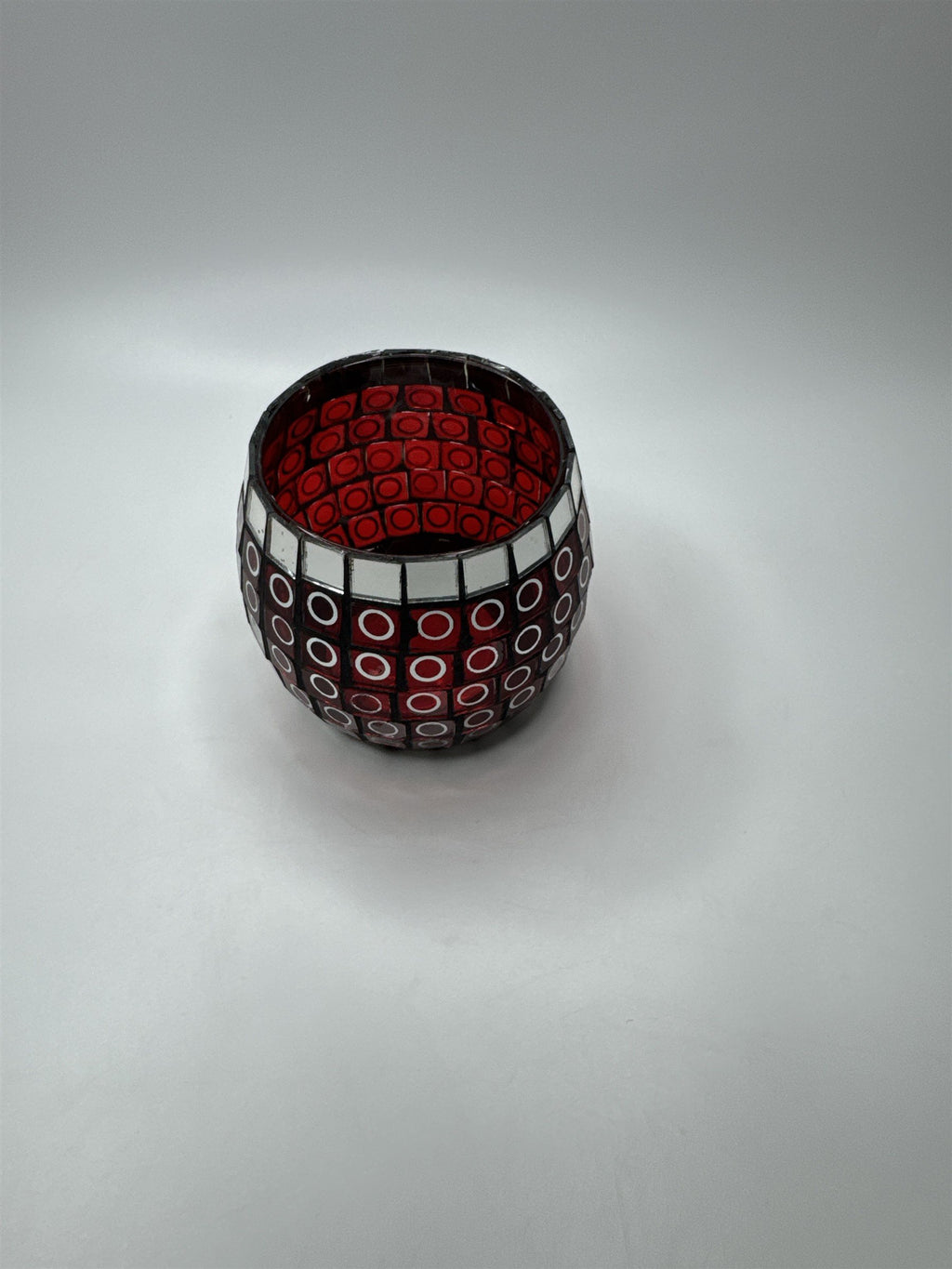 Glass Mosaic Red and Mirror Circles Candle Holder Home Decor 3.5" x 3.25"