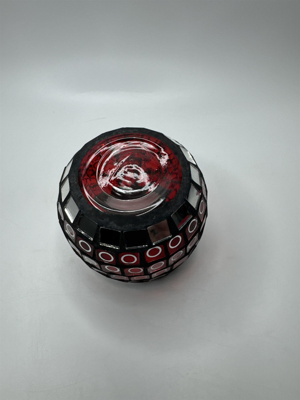 Glass Mosaic Red and Mirror Circles Candle Holder Home Decor 3.5" x 3.25"
