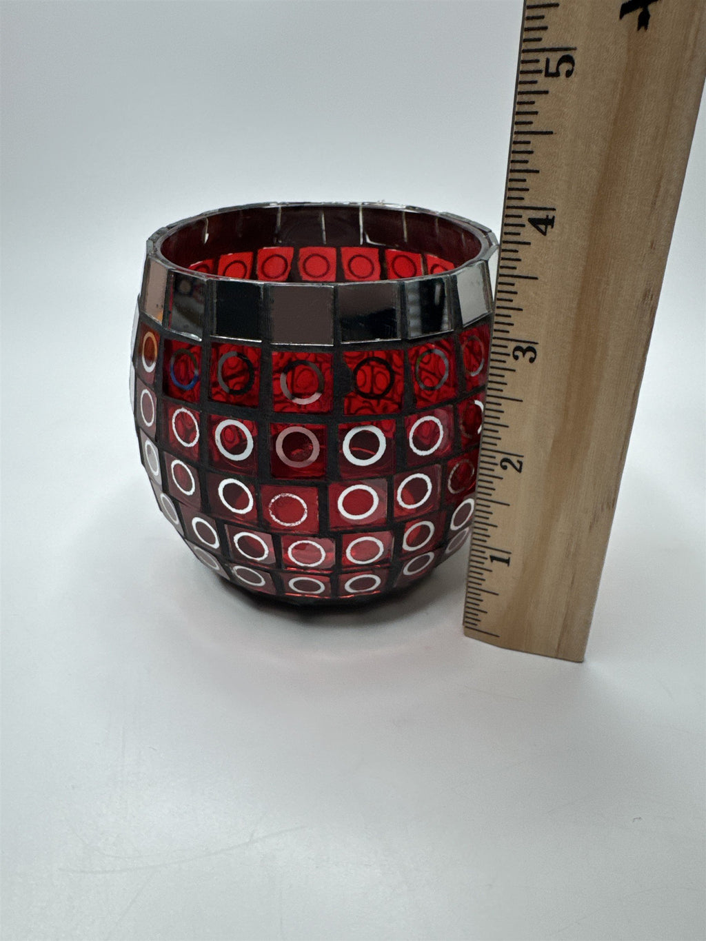 Glass Mosaic Red and Mirror Circles Candle Holder Home Decor 3.5" x 3.25"