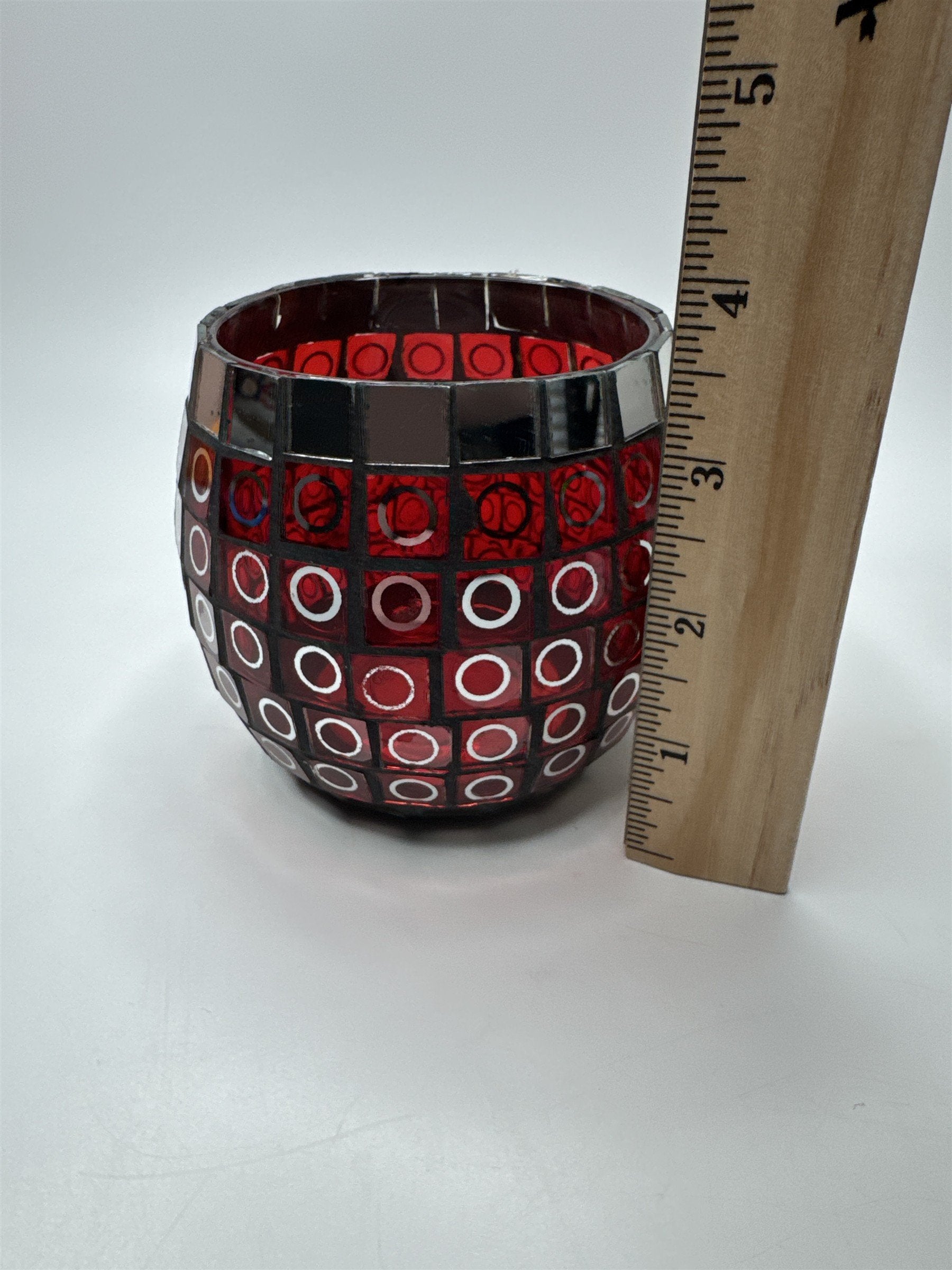 Glass Mosaic Red and Mirror Circles Candle Holder Home Decor 3.5" x 3.25"
