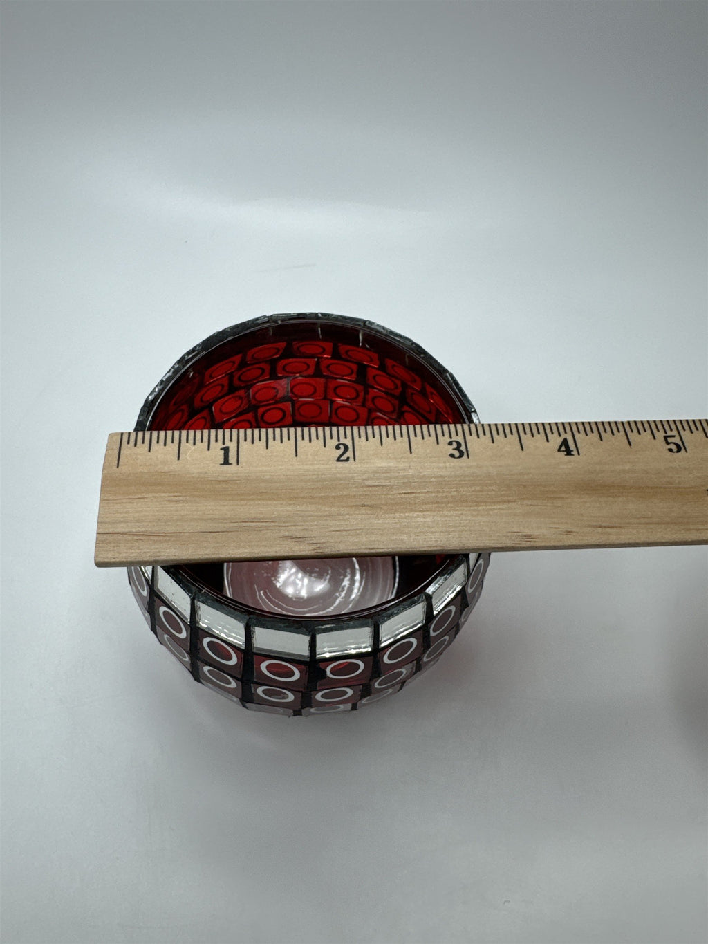 Glass Mosaic Red and Mirror Circles Candle Holder Home Decor 3.5" x 3.25"